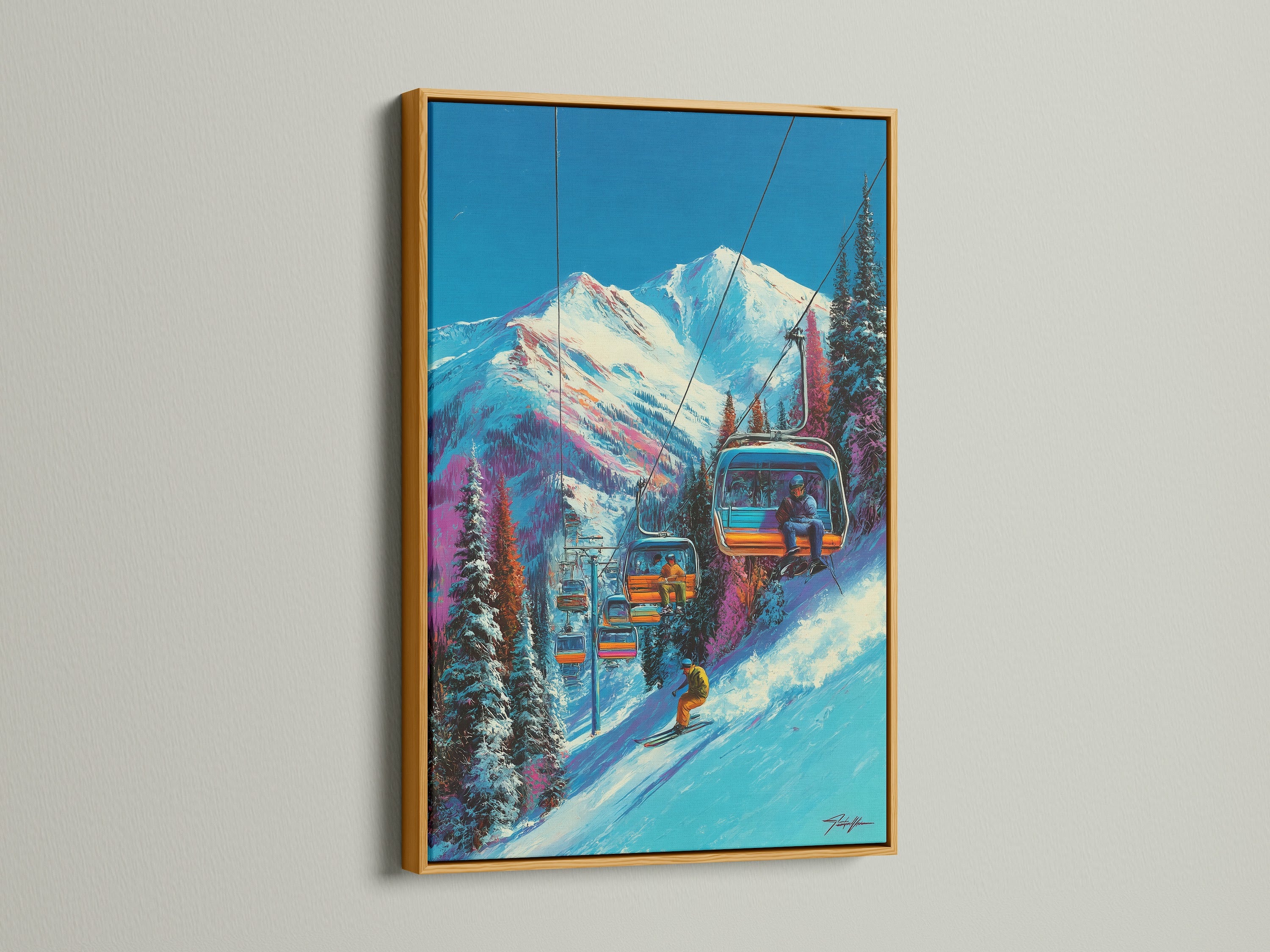 Ski Resort Canvas Art with a gold frame. The artwork features a mountain chairlift. This winter sports poster is perfect for cabin decor. The alpine ski print brings the slopes home. The gold frame adds a touch of luxury. Elevate your space with this mountain artwork.