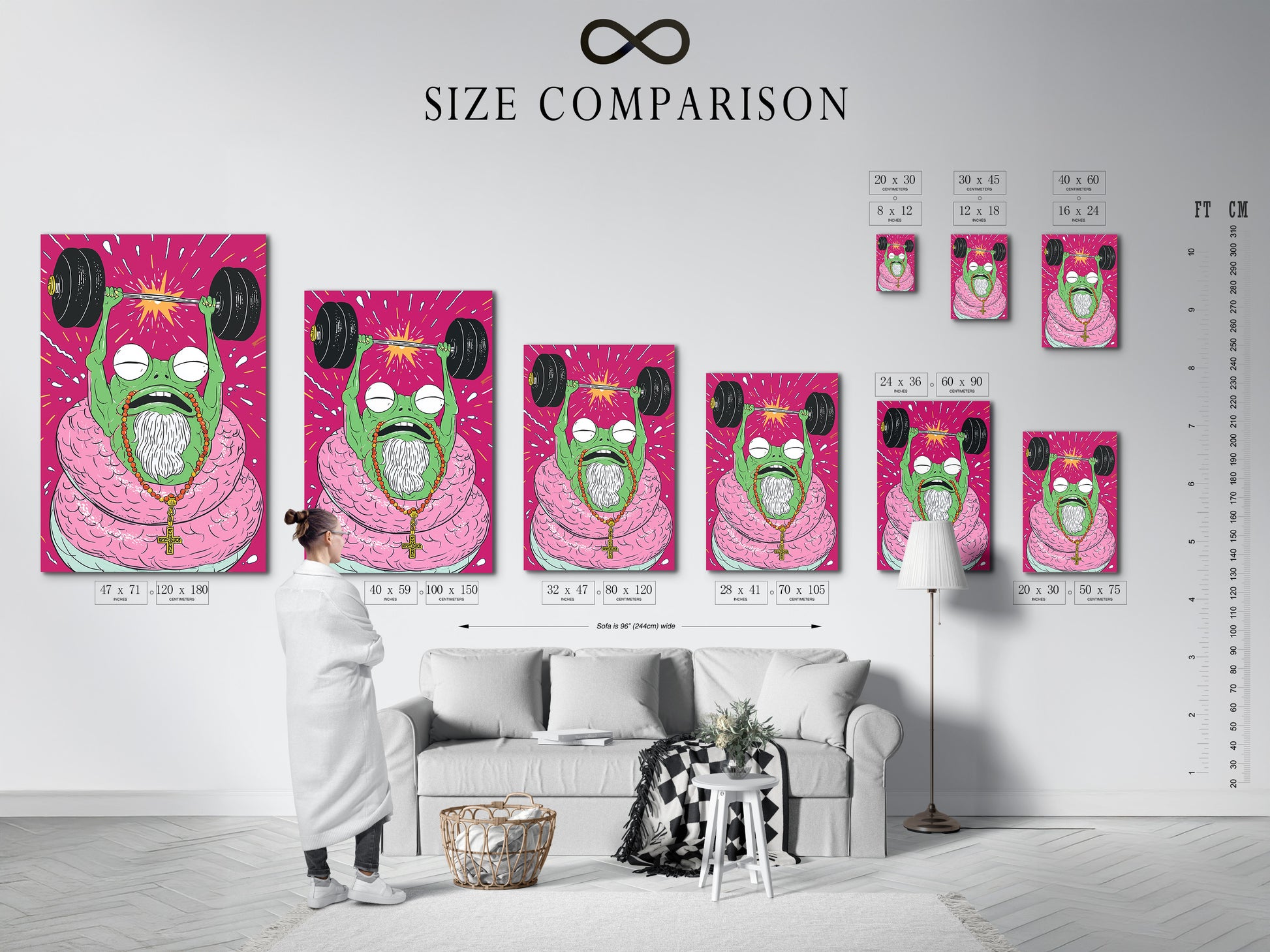 Size comparison chart in an interior setting. See how the Fitness Frog art print looks in different sizes. This weightlifting gym art fits many spaces. Plan your home gym wall decor today.