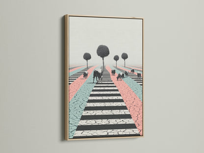 This oak frame showcases a surreal cow artwork. The print features pastel colors and a unique cracked zebra crossing. Ideal for modern farmhouse decor. Discover how framed animal art elevates your space.
