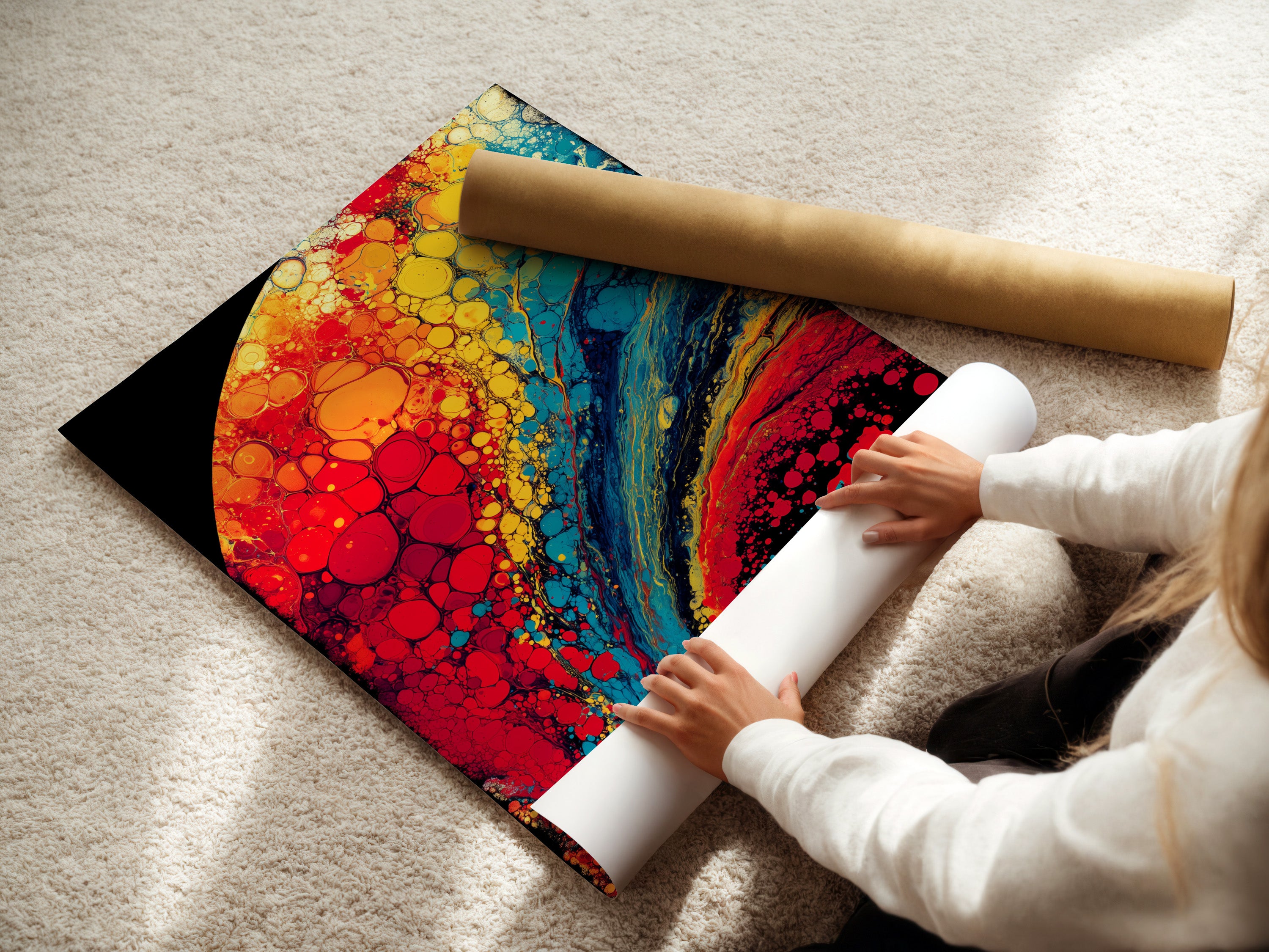 A woman is carefully rolling a fine art poster paper. She ensures the paper remains pristine. This protects the print from damage. High-quality paper preserves the artwork's integrity and detail for years to come.