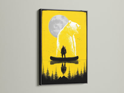 Grizzly Bear and Hunter Canoe Art in Black Frame. This striking yellow wildlife art print features a bear and a hunter in a canoe. The black frame adds a touch of sophistication. Ideal for man caves dens and recreational rooms.