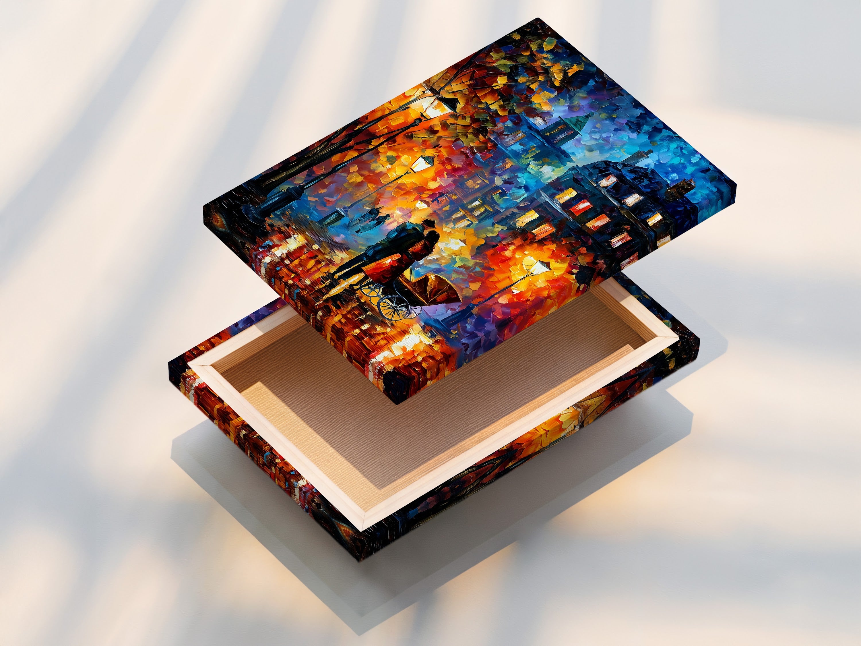 Stretched canvas print of romantic street art. The artwork features a colorful rainy night scene. The stretched canvas provides a gallery-quality look. Ideal for living rooms or bedrooms. A perfect piece for modern urban or eclectic decor.