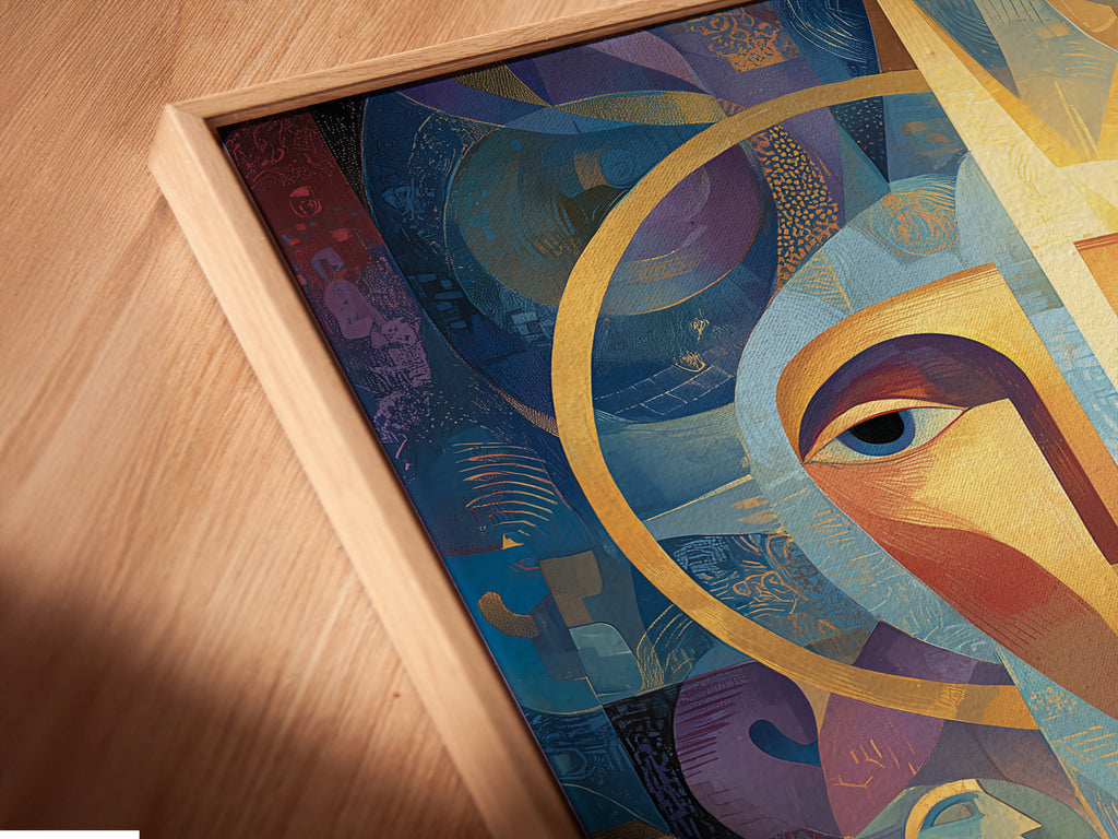 See a close-up view of a canvas print. This canvas is displayed in a floating frame. The floating frame adds depth and dimension. The artwork appears to float. This creates a unique visual effect. Elevate your art presentation with a floating frame