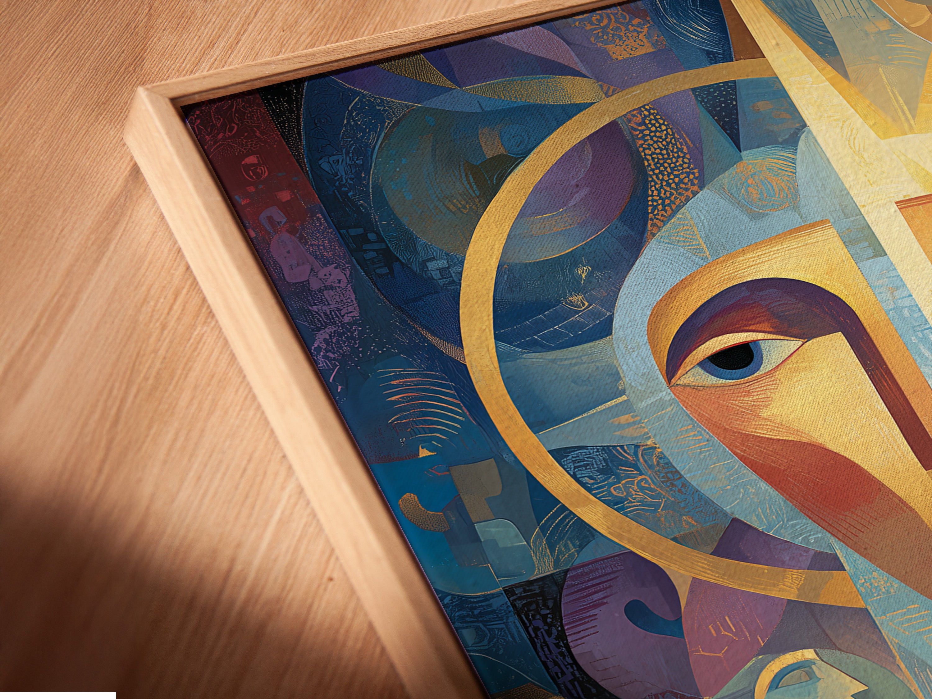 See a close-up view of a canvas print. This canvas is displayed in a floating frame. The floating frame adds depth and dimension. The artwork appears to float. This creates a unique visual effect. Elevate your art presentation with a floating frame