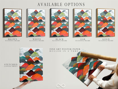 Available options for mountain range art prints including stretched canvas fine art poster paper and floating frames. Customize your abstract landscape wall artwork to match your style. Enhance your home decor with these versatile options.