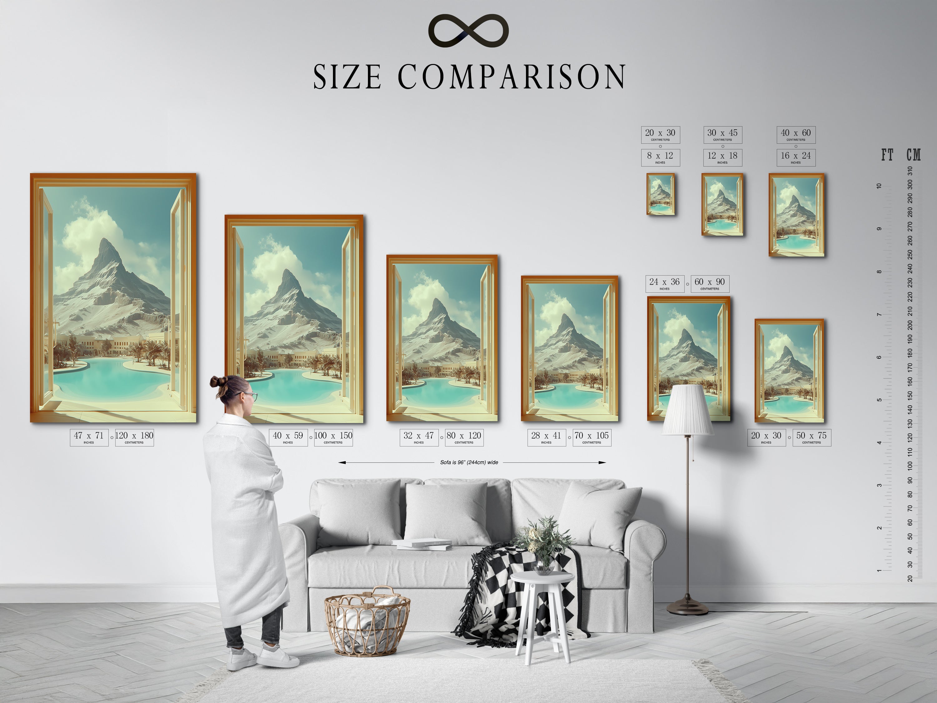 Size comparison chart in interior featuring mountain view artwork. This artwork creates an open window effect to a desert oasis. Ideal for living room wall art or bedroom decor. This travel scenery print adds vacation vibes to any space.
