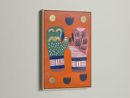 A close-up of an abstract hands art print is presented in an oak frame. The artwork features colorful graphic elements and modern folk art details. The oak frame enhances the artwork's aesthetic. It makes it ideal for living rooms studios and boutique wall decor. This piece adds a touch of bohemian style.