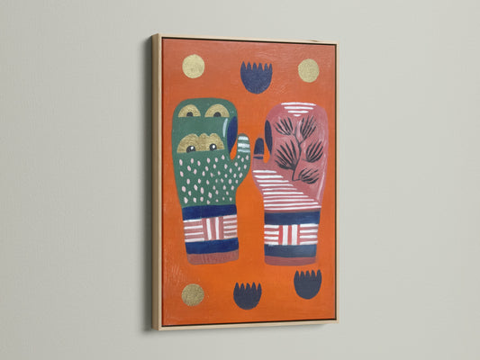 A close-up of an abstract hands art print is presented in an oak frame. The artwork features colorful graphic elements and modern folk art details. The oak frame enhances the artwork's aesthetic. It makes it ideal for living rooms studios and boutique wall decor. This piece adds a touch of bohemian style.