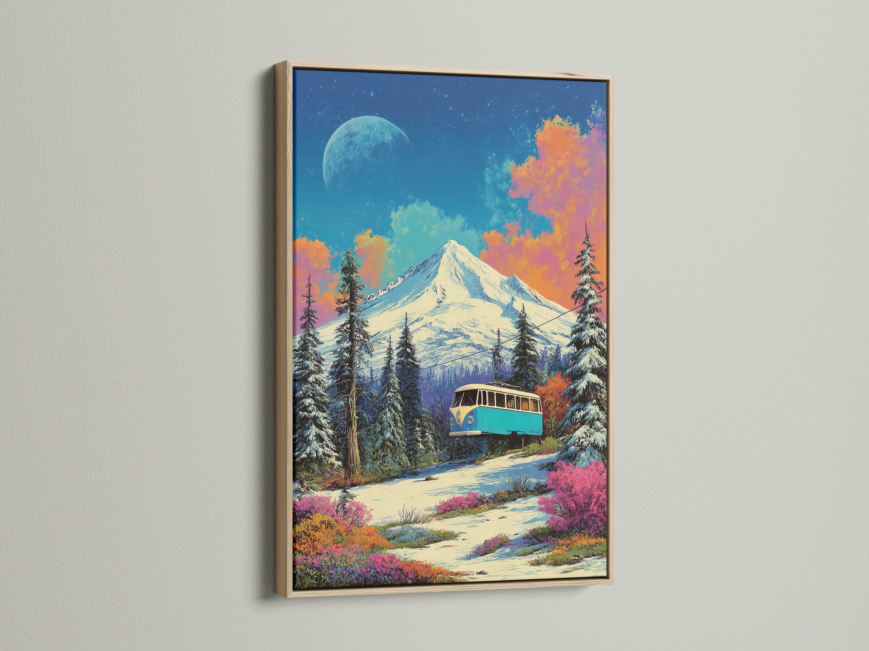 Vintage bus mountain artwork framed in oak. The retro travel print showcases a colorful adventure scene. Perfect artwork for living rooms bedrooms or any space needing a touch of wanderlust.