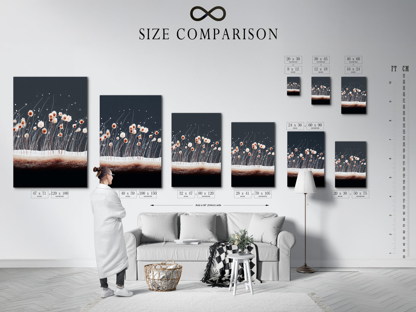 This size comparison chart helps you visualize the art in your space. Select the perfect size for your needs. We provide art for every type of room. From small prints to large statement pieces we have it all.