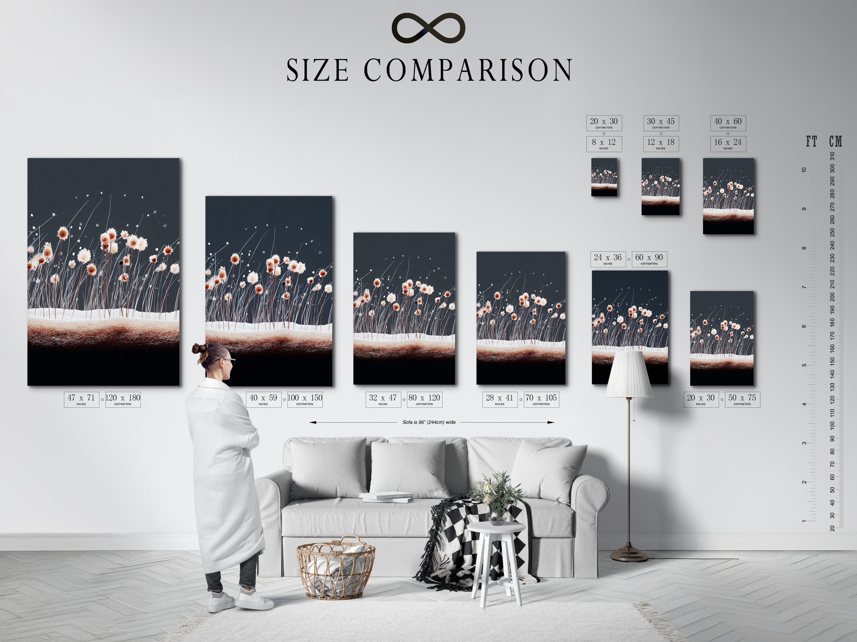 This size comparison chart helps you visualize the art in your space. Select the perfect size for your needs. We provide art for every type of room. From small prints to large statement pieces we have it all.