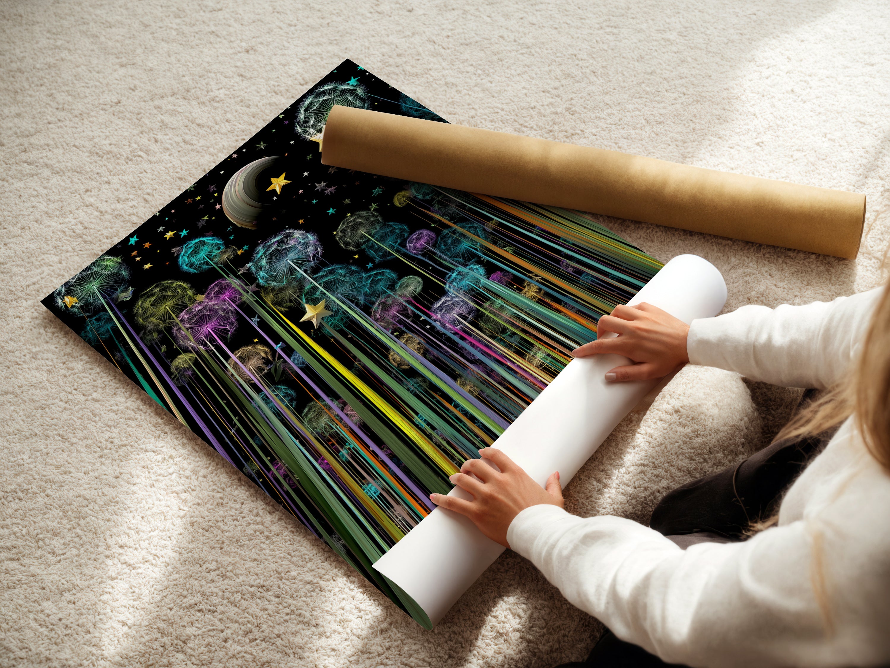 A woman rolls fine art poster paper. Preparing Dandelion Galaxy artwork for printing. This celestial art is perfect for collectors. High-quality materials ensure colorful artwork lasts. Ideal for space wall art projects.