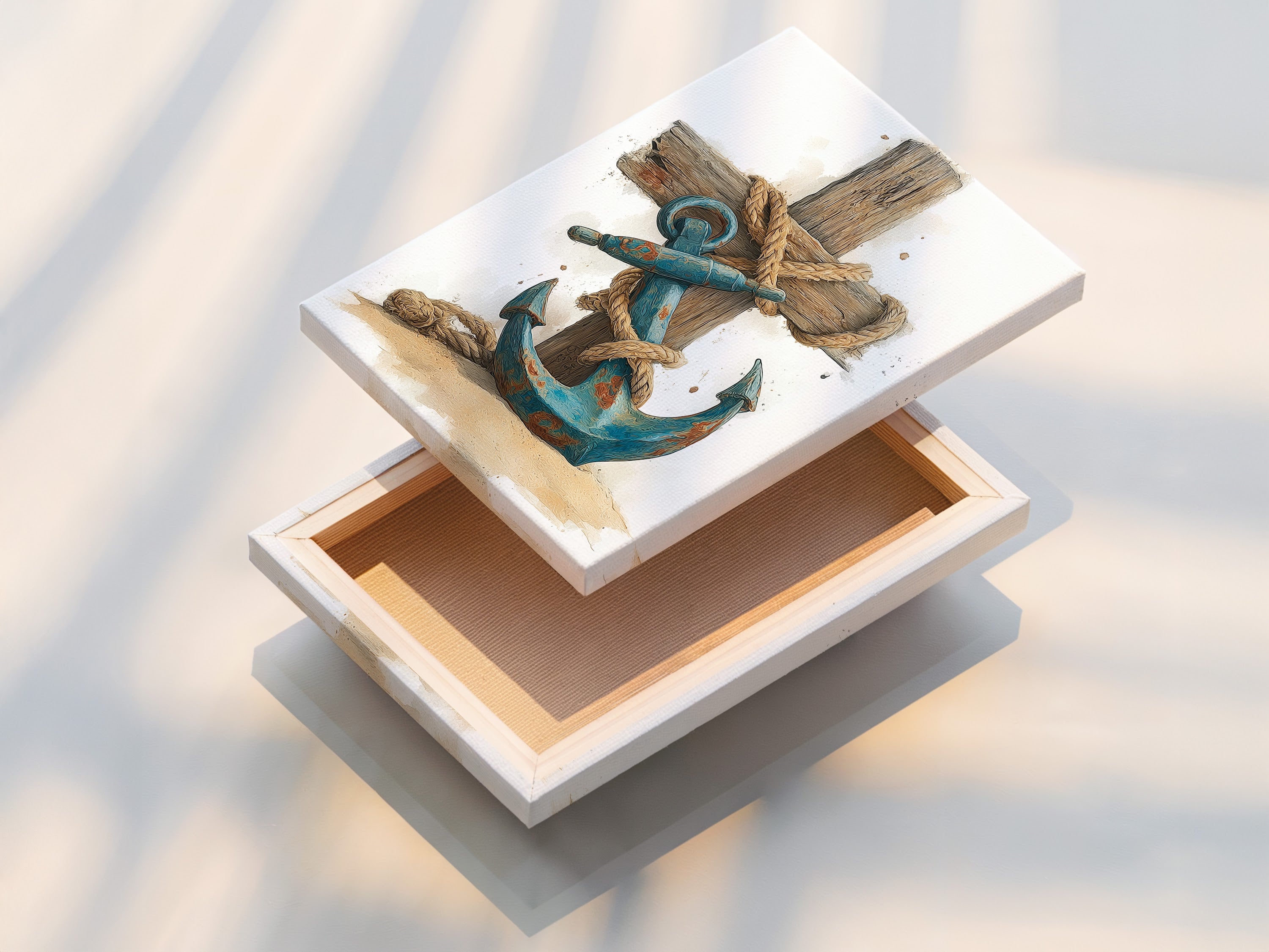 A stretched canvas print is ready to hang. The artwork showcases a blue anchor. It is wrapped in rope against a wooden cross. The canvas adds texture and depth. This is a great option for a gallery-wrapped look. It is a perfect art piece.