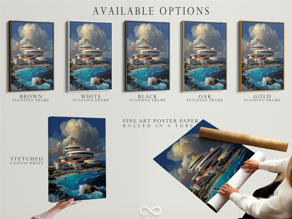 Explore available options for our Futuristic Architecture artwork. Choose from stretched canvas prints fine art poster paper or floating frames. This modern coastal art suits any style. Perfect for elevating your living room bedroom or office with contemporary art.