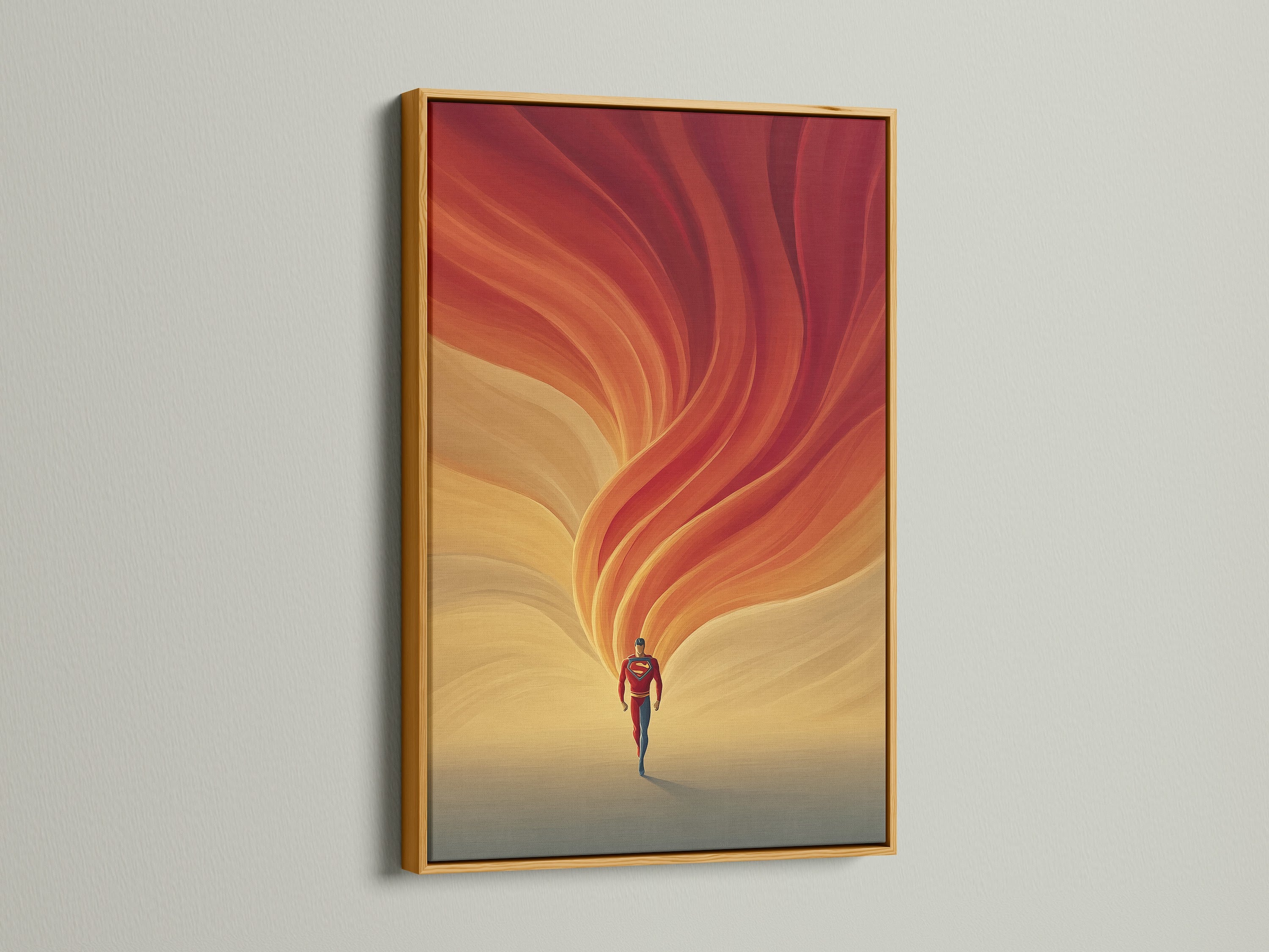 The Abstract Runner Canvas Art is displayed in a gold frame. The gold frame adds a touch of luxury. The warm orange swirl artwork pops. Perfect for those seeking contemporary art. It brings sophistication to their bedroom wall art.