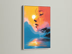 Abstract face art with a sunset lake reflection in a white frame. This surreal portrait art is modern wall decor. The orange and blue tones create dreamy wall art for any room setting.