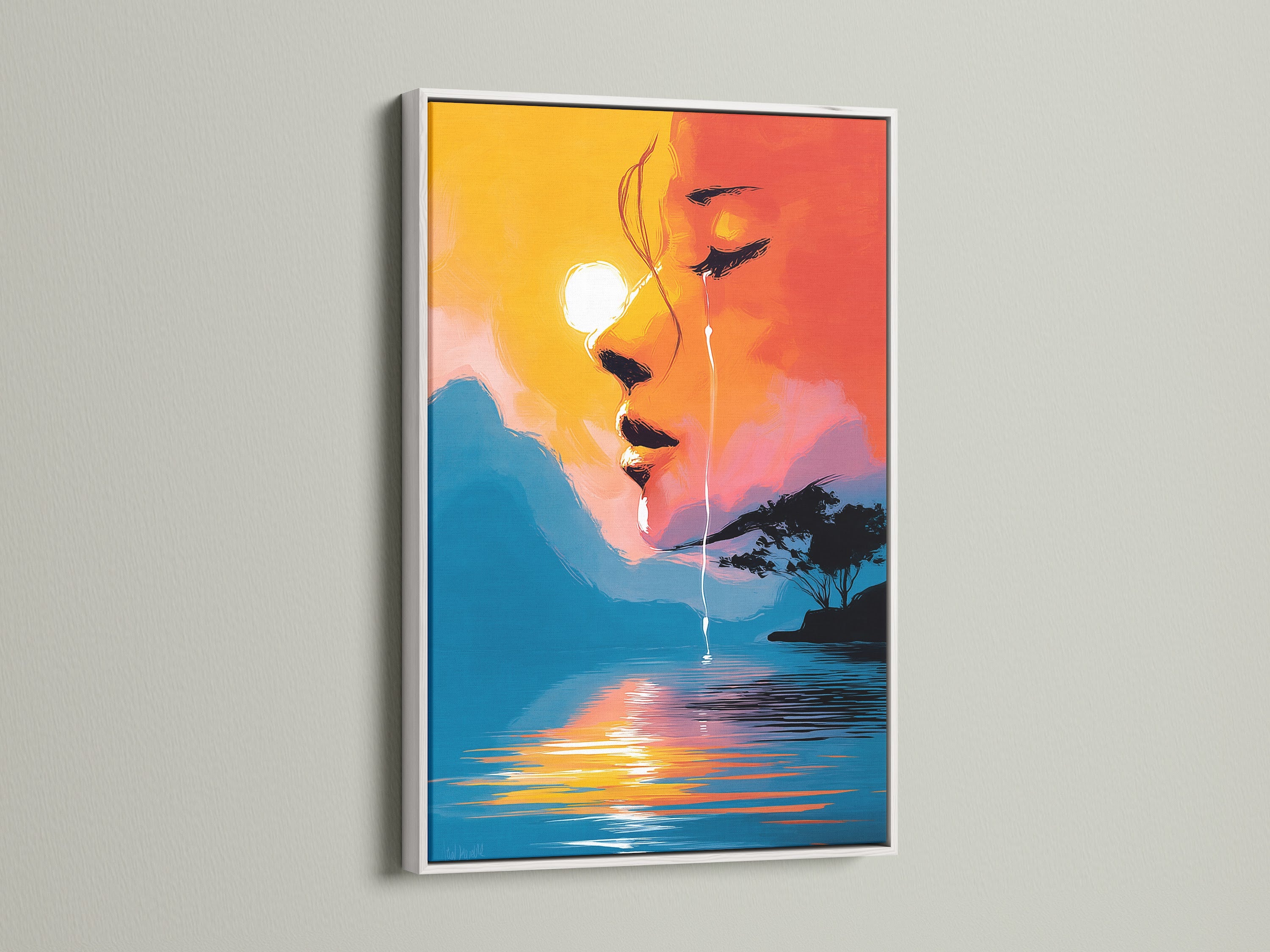 Abstract face art with a sunset lake reflection in a white frame. This surreal portrait art is modern wall decor. The orange and blue tones create dreamy wall art for any room setting.