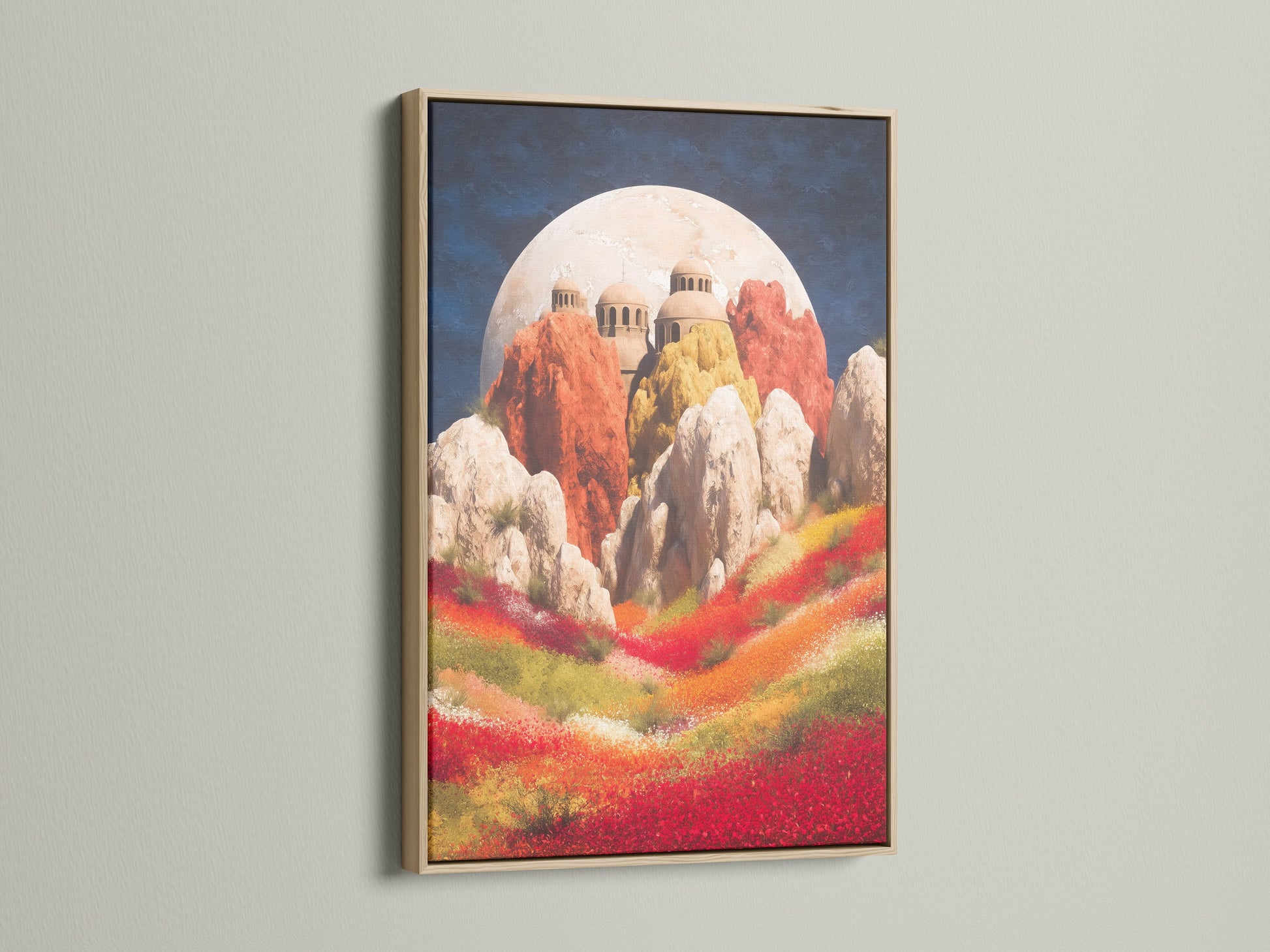 Enhance your space with this fantasy landscape print in an oak frame. The surreal artwork features a dreamy floral field. It brings magical art to your living room wall decor. This colorful canvas is vibrant.