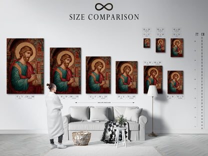 A size comparison chart is shown in an interior setting. The chart helps visualize artwork dimensions. It helps you choose the perfect size for your space. Find the right fit with our size guide.