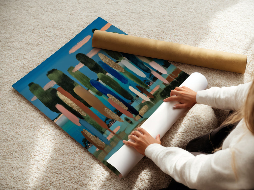A woman is carefully rolling a fine art poster paper. The poster paper is high-quality. This ensures a smooth surface for printing. Fine art poster paper is ideal for displaying art. The paper is being prepared for a new print.
