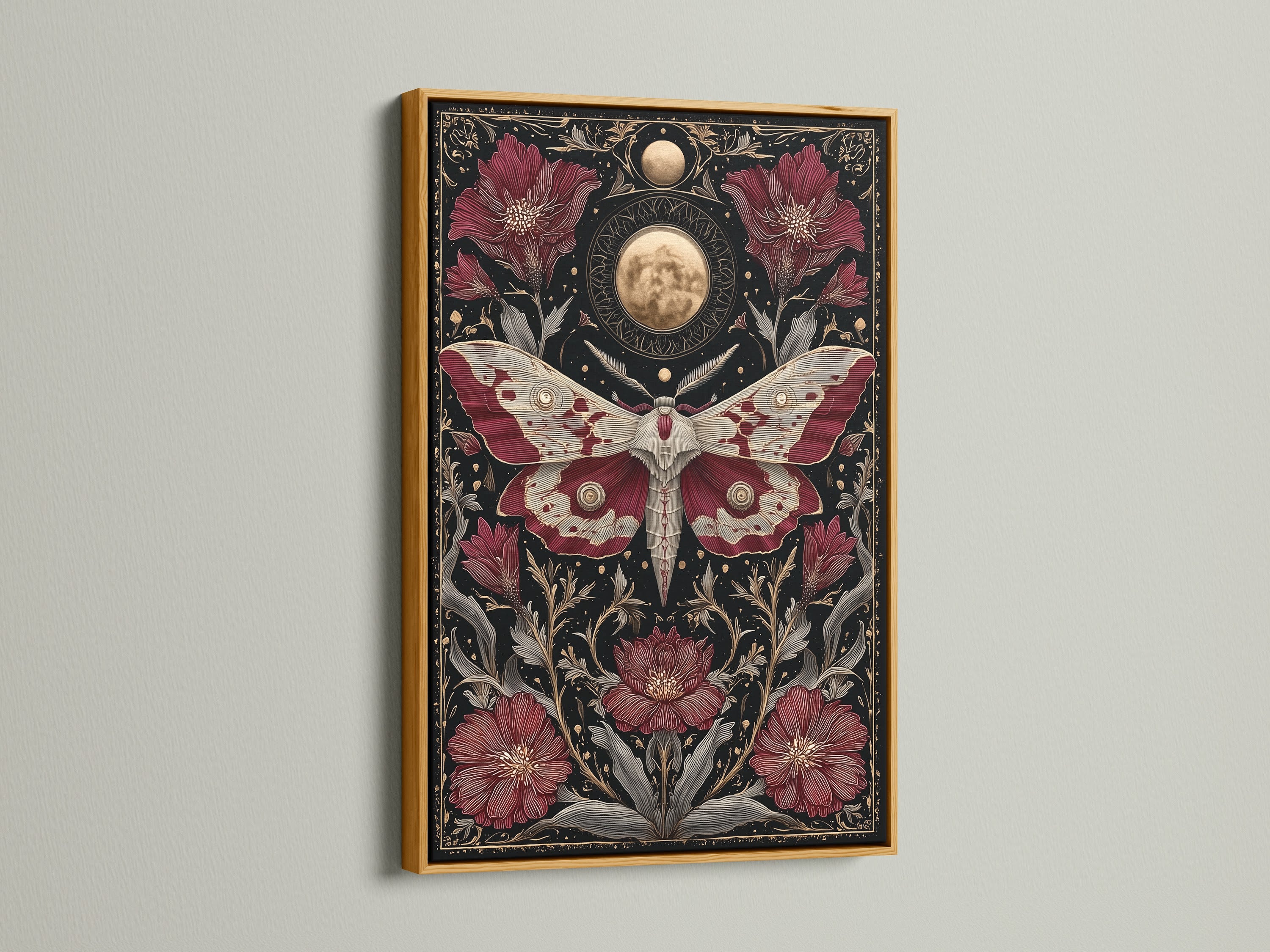 The celestial moth art print shines in a gold frame. Gothic botanical elements are prominent. The moon phases canvas is captivating. A perfect blend of gothic and celestial decor.