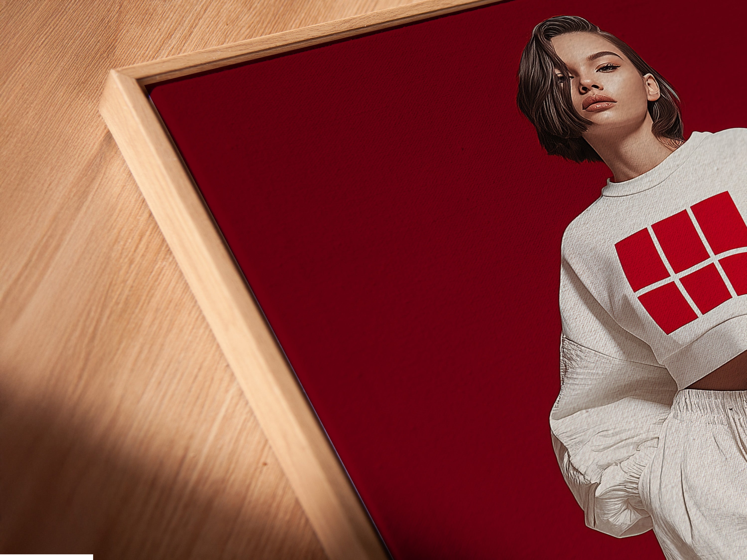 Angled close up of a Streetwear Fashion Art Print in a floating frame. The modern urban style and contemporary red and white poster is perfect for bedroom decor. This trendy wall decor will enhance any space.
