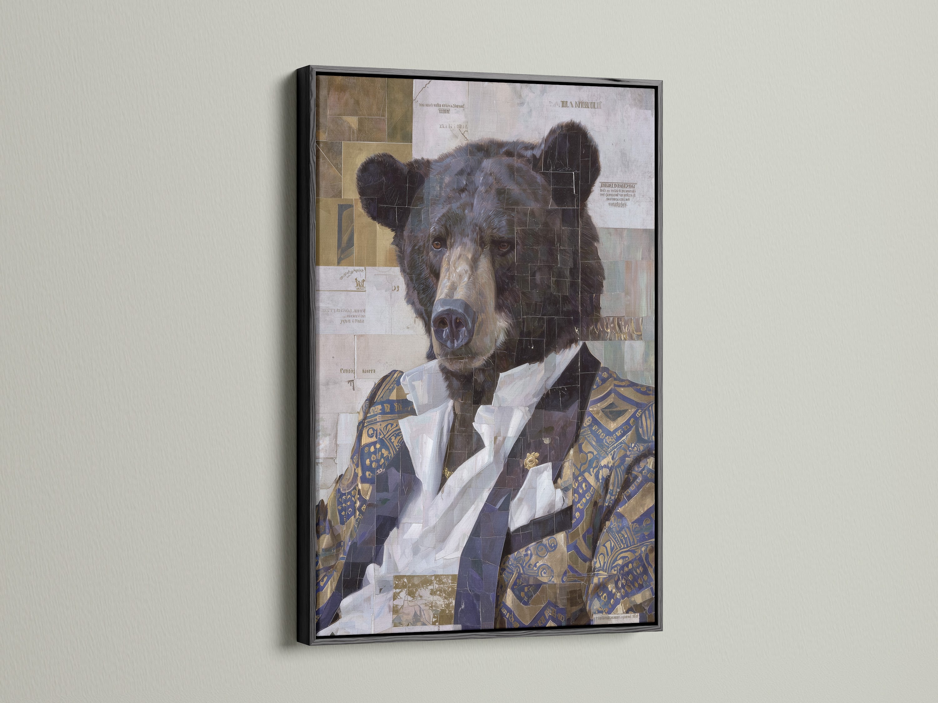 Black frame showcasing a vintage collage bear portrait art piece.  Perfect for adding a unique touch to office and study room decor. The eclectic animal wall art is suitable for bohemian and rustic styles. Enhance your space with this quirky decor.
