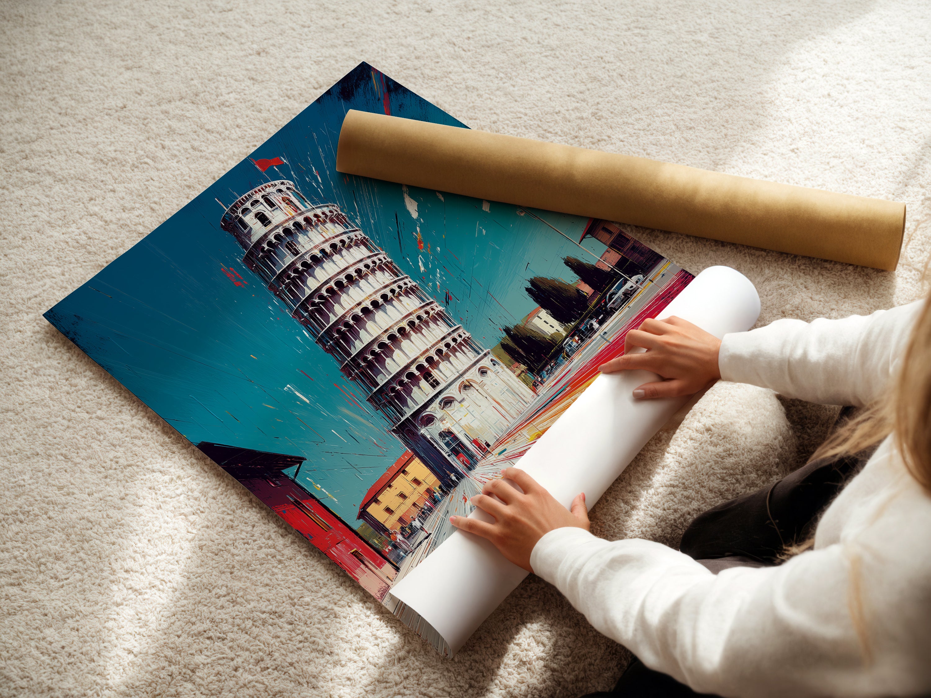 A woman is carefully rolling fine art poster paper. High quality fine art paper ensures your Pisa tower art looks its best. The fine art poster paper option captures the details of the artwork. Consider this for an affordable travel poster option