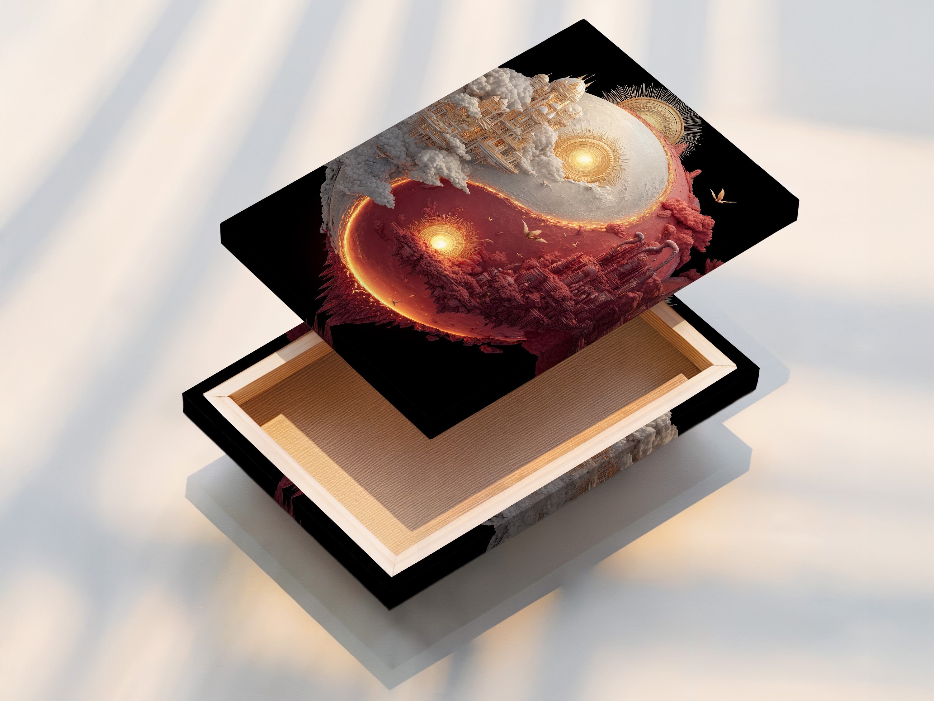 The image showcases a stretched canvas print. The art is taut and ready to hang. This canvas print is a great way to display art. Stretched canvas prints offer a gallery-wrapped look for your artwork.