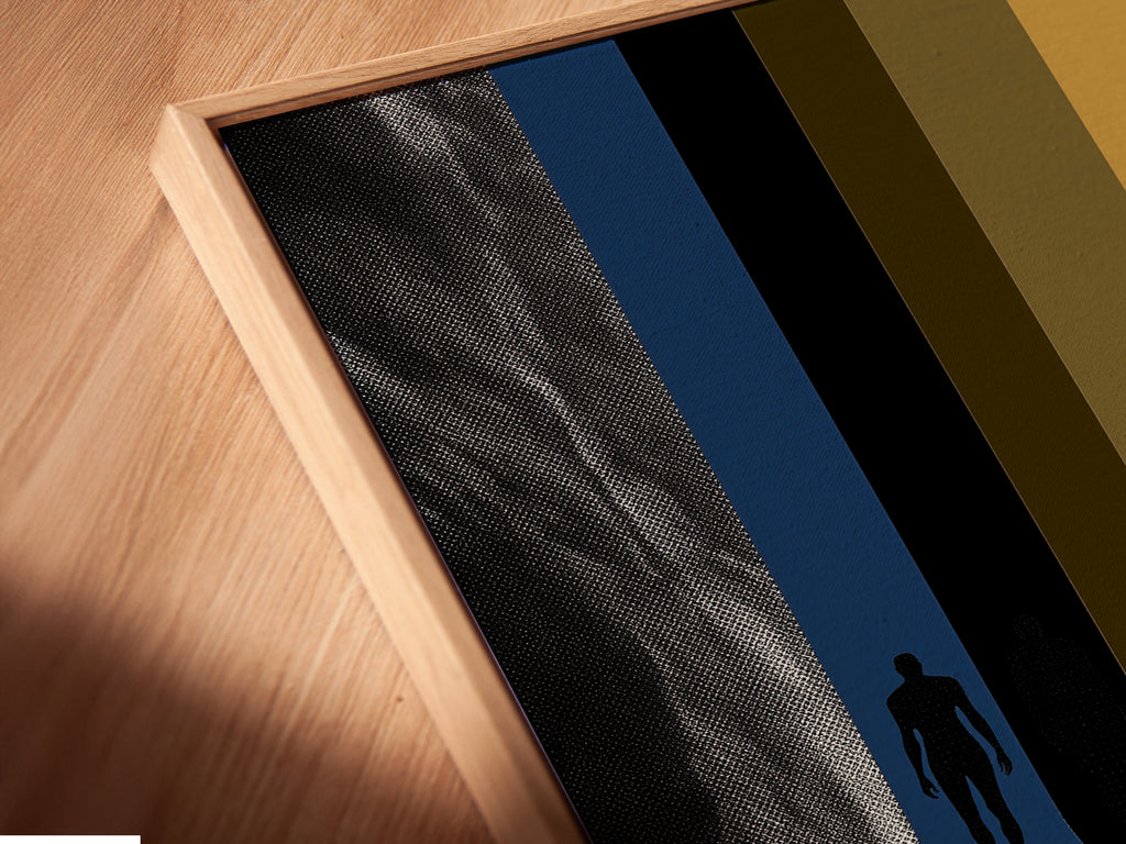 A close-up of a canvas print in a floating frame. The modern abstract artwork features a mountain river scene. The floating frame gives a sleek contemporary look. Elevate your wall decor with this unique piece.