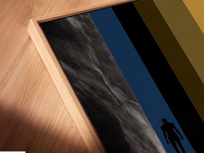 A close-up of a canvas print in a floating frame. The modern abstract artwork features a mountain river scene. The floating frame gives a sleek contemporary look. Elevate your wall decor with this unique piece.