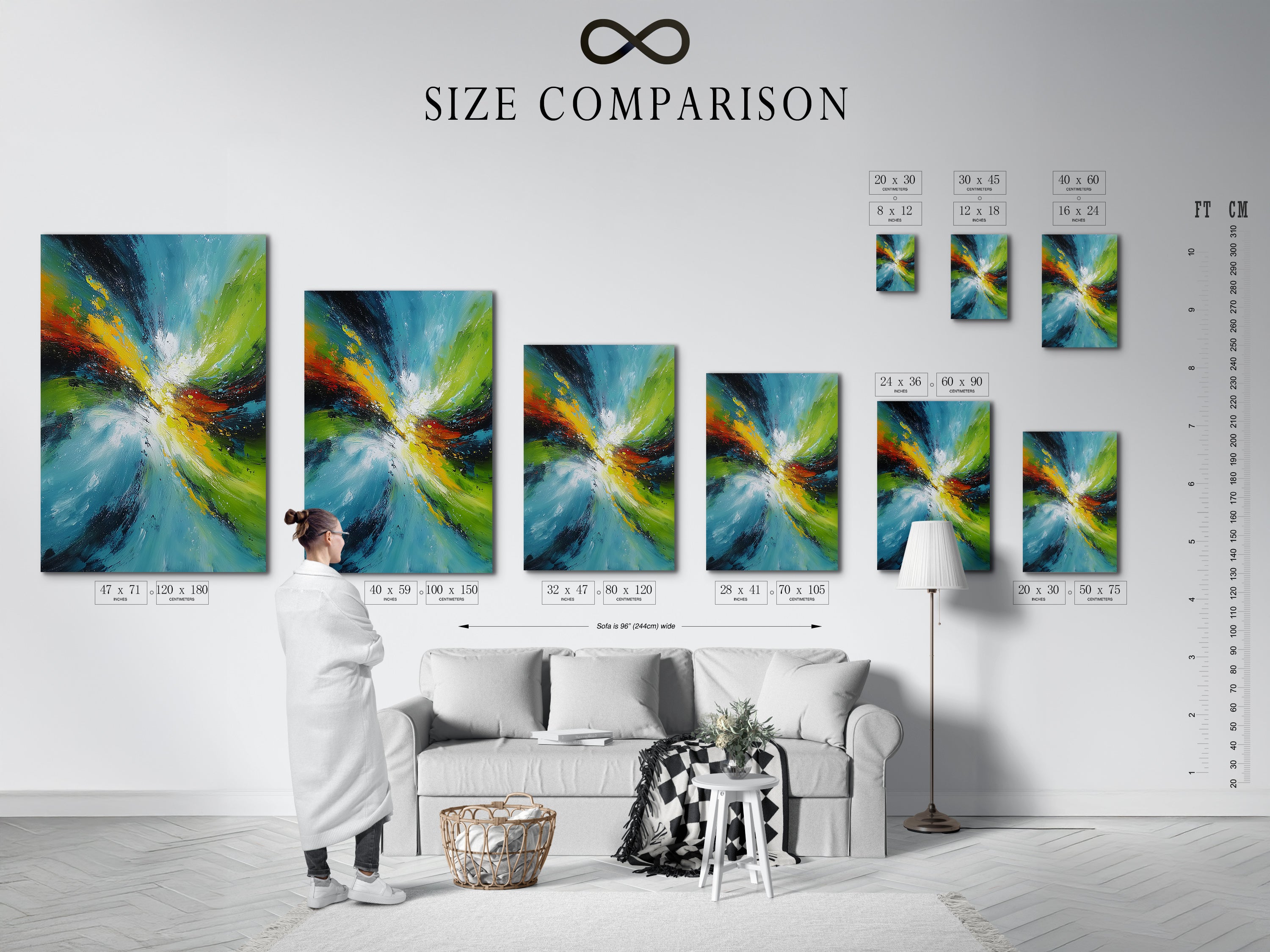 A size comparison chart is displayed in an interior setting. This helps visualize how different sizes of abstract swirl artworks will look in your space. Choose the perfect dimensions to complement your modern minimalist or eclectic style. Plan your wall art arrangement effectively.