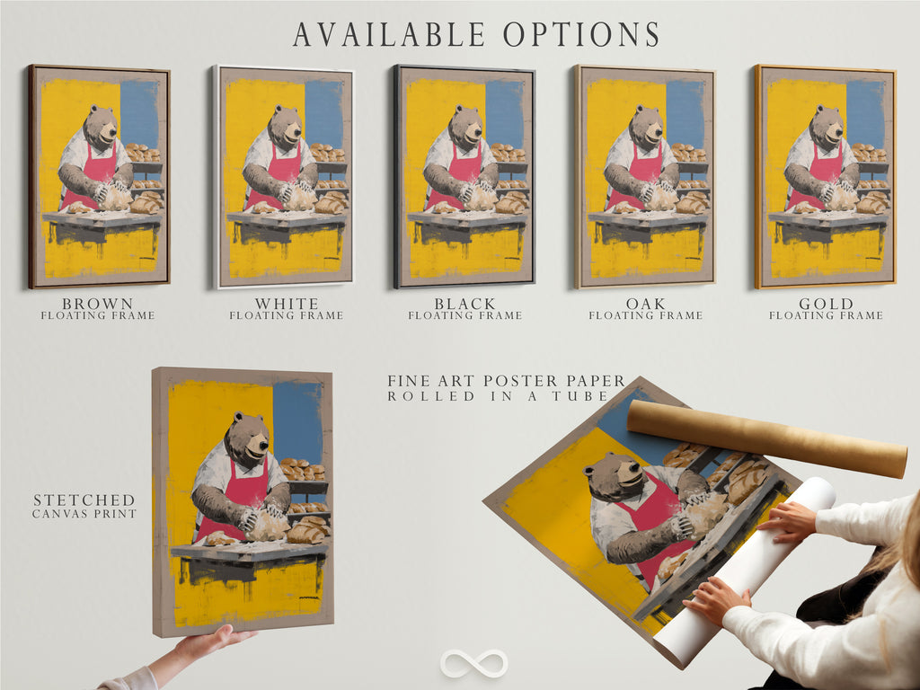 Available options for the Bear Baker Artwork are displayed. Choose from a stretched canvas print fine art poster paper or floating frame. This kitchen wall art is perfect for food enthusiasts. Select the best option for your dining room decor needs.