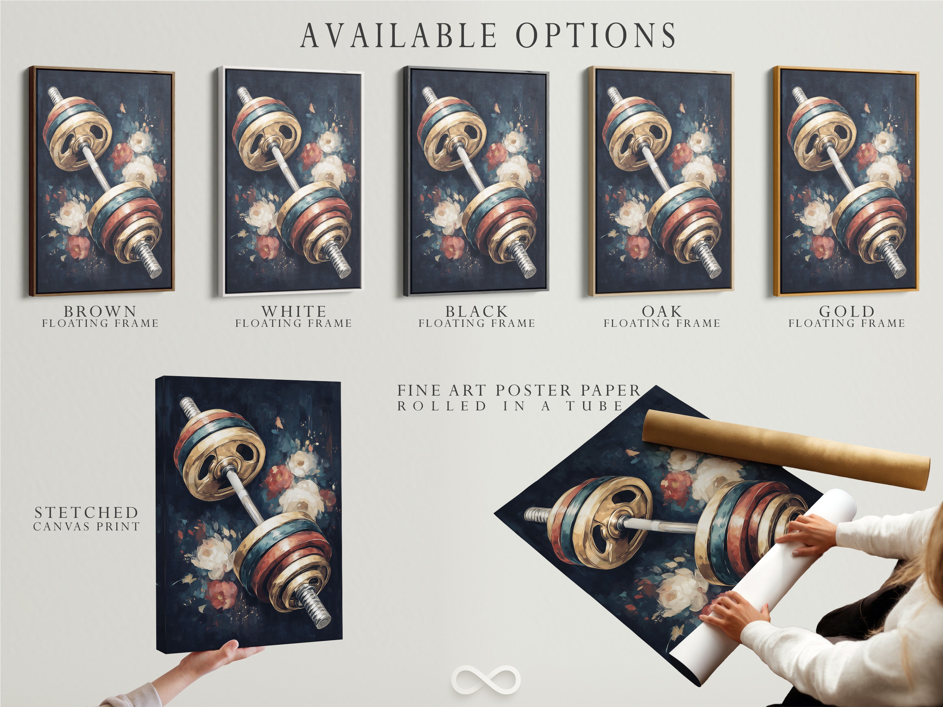 Available options for your vintage barbell art. Choose from stretched canvas fine art poster paper or a floating frame. Customize your gym art to match your personal style.