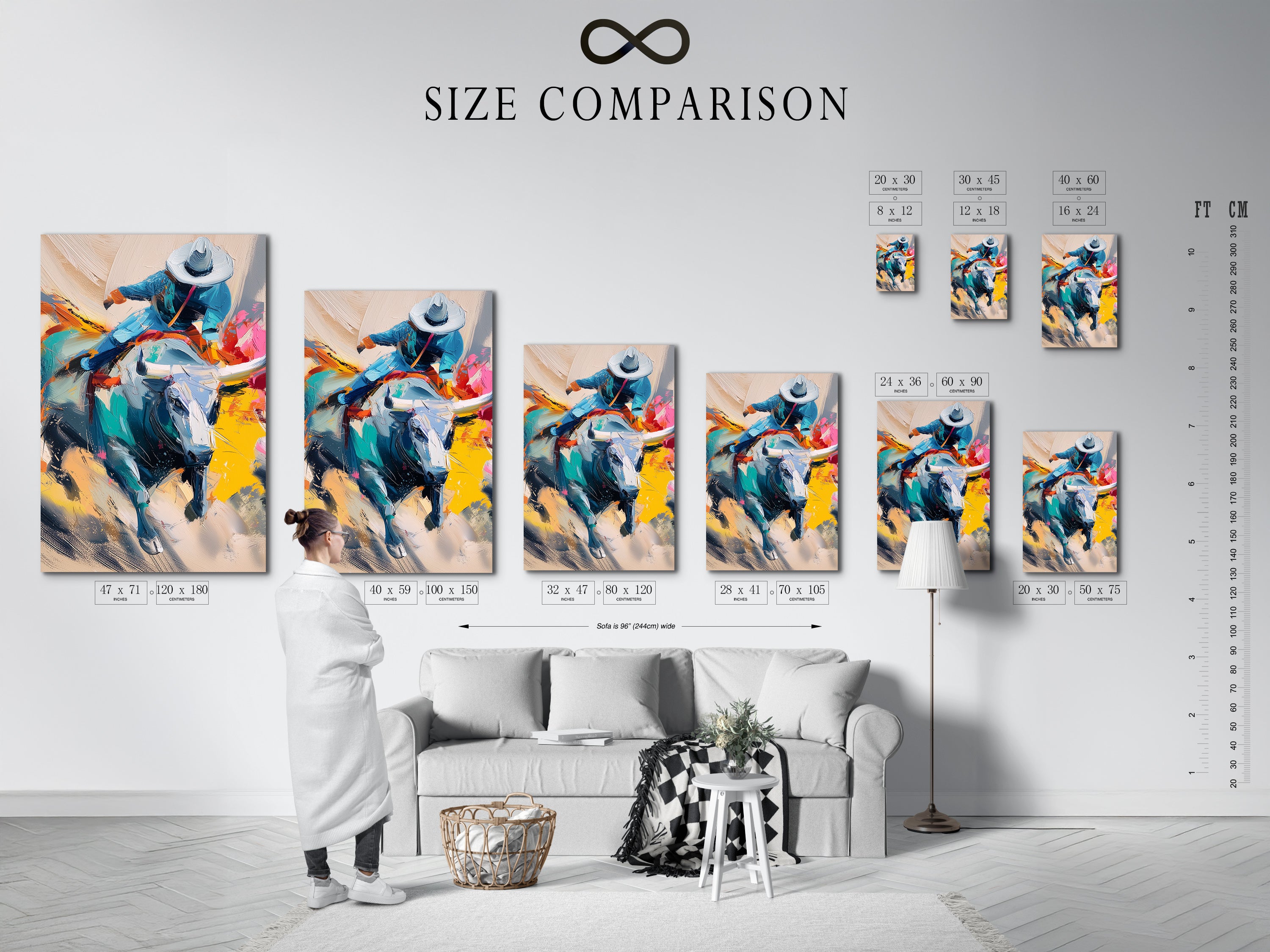 See a size comparison chart in an interior setting. Visualize how cowboy rodeo canvas art fits your space. Choose the perfect size for your western wall decor. Make an informed decision for your home.