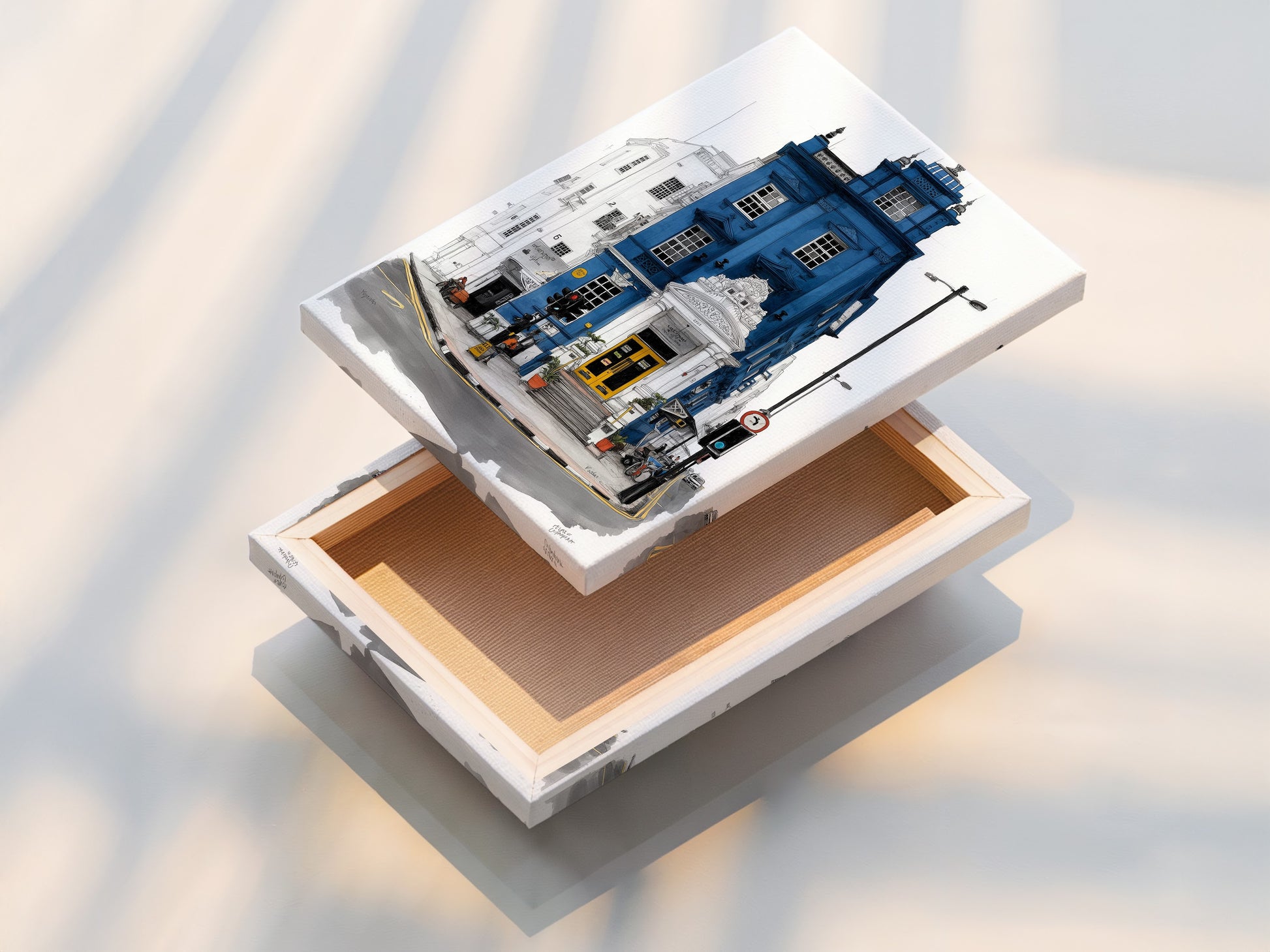 Stretched canvas print of London Architecture Art. The artwork showcases a blue building with a yellow door. Ready to hang this canvas print adds elegance to any space. Ideal for living rooms and offices.