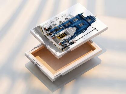 Stretched canvas print of London Architecture Art. The artwork showcases a blue building with a yellow door. Ready to hang this canvas print adds elegance to any space. Ideal for living rooms and offices.