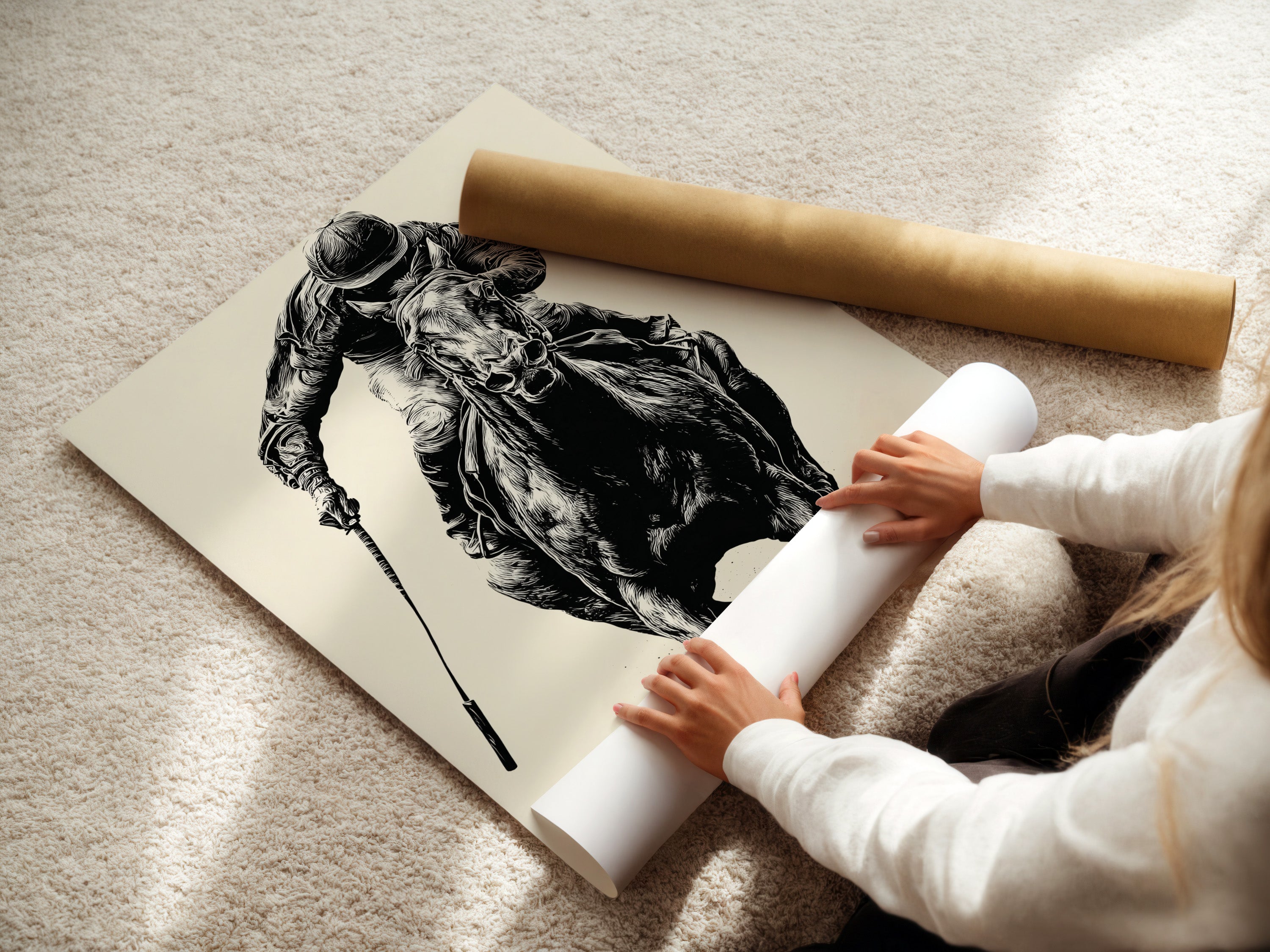 A woman is carefully rolling a fine art poster paper. The poster paper is of high quality and ready for framing. Explore our range of fine art prints for your home decor. Get your favorite artwork printed on premium poster paper.