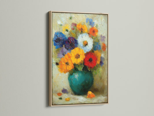 Vibrant Flower Canvas Print in an Oak Frame. The colorful botanical wall art is perfect for kitchen decor. This Impressionist floral painting is a great choice for your home.