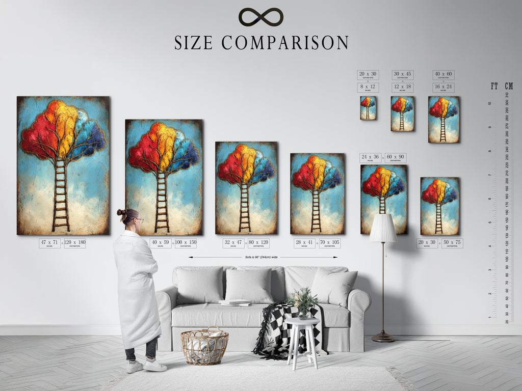 The size comparison chart helps visualize the artwork in an interior. The Colorful Ladder Tree Art fits various spaces. This modern abstract piece can be a focal point. Choose the perfect size to elevate your living room bedroom or office decor.