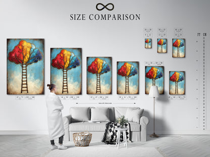 The size comparison chart helps visualize the artwork in an interior. The Colorful Ladder Tree Art fits various spaces. This modern abstract piece can be a focal point. Choose the perfect size to elevate your living room bedroom or office decor.
