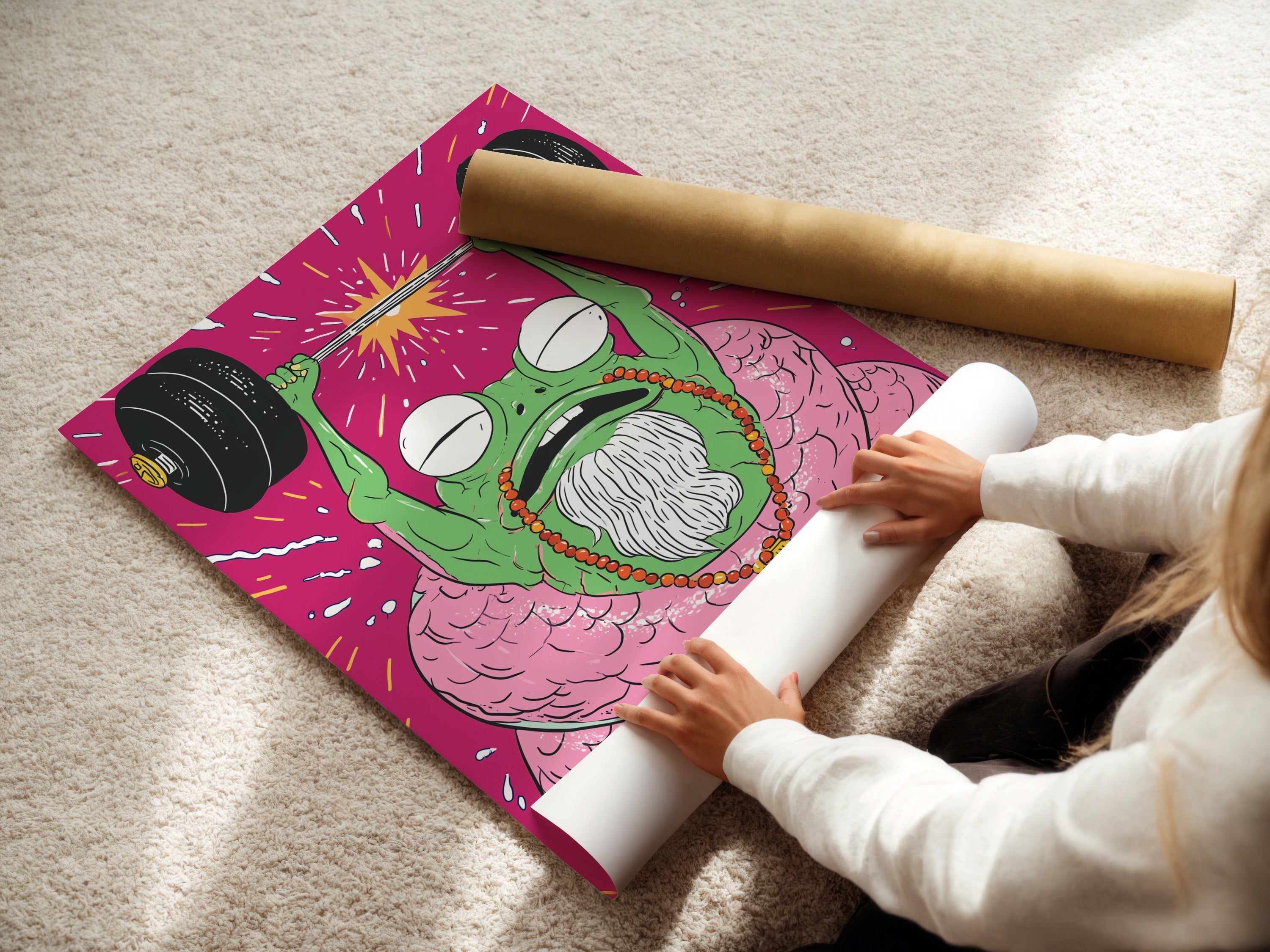 A woman is carefully rolling a Fitness Frog fine art poster paper. This weightlifting gym artwork is ready to frame. A motivational print for your home gym decor. This is a contemporary art piece.