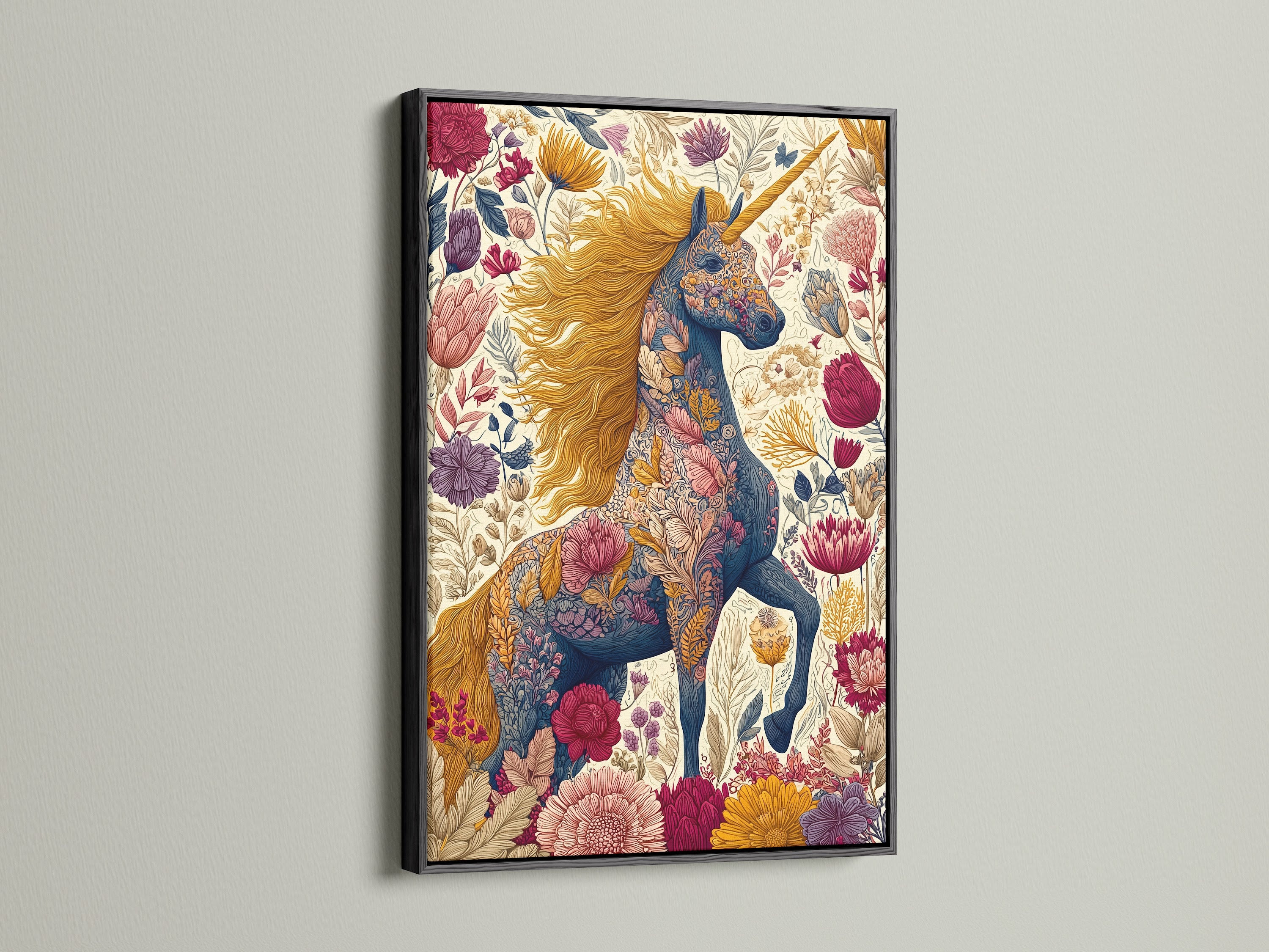 Add a touch of sophistication with a black frame for your fantasy wall decor. This frame enhances the beauty of your boho home decor. It is ideal for making your unicorn artwork stand out. A black frame offers a timeless elegant look. It's ideal for your botanical art.