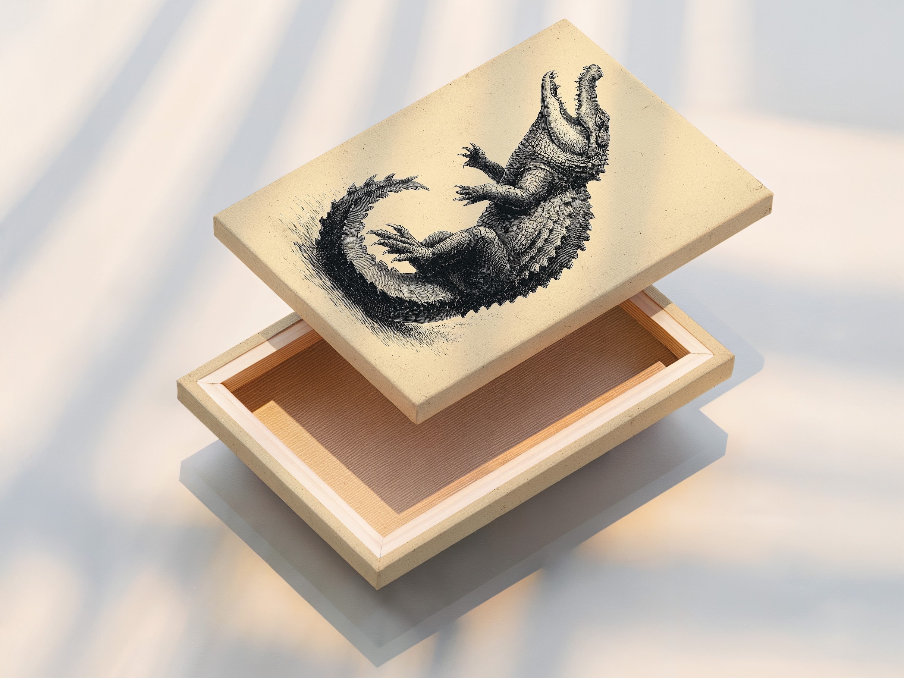 A stretched canvas print of vintage alligator artwork. Ready to hang and enhance your office wall art. This reptile wall art brings a touch of vintage zoology to your space. Perfect for any room.