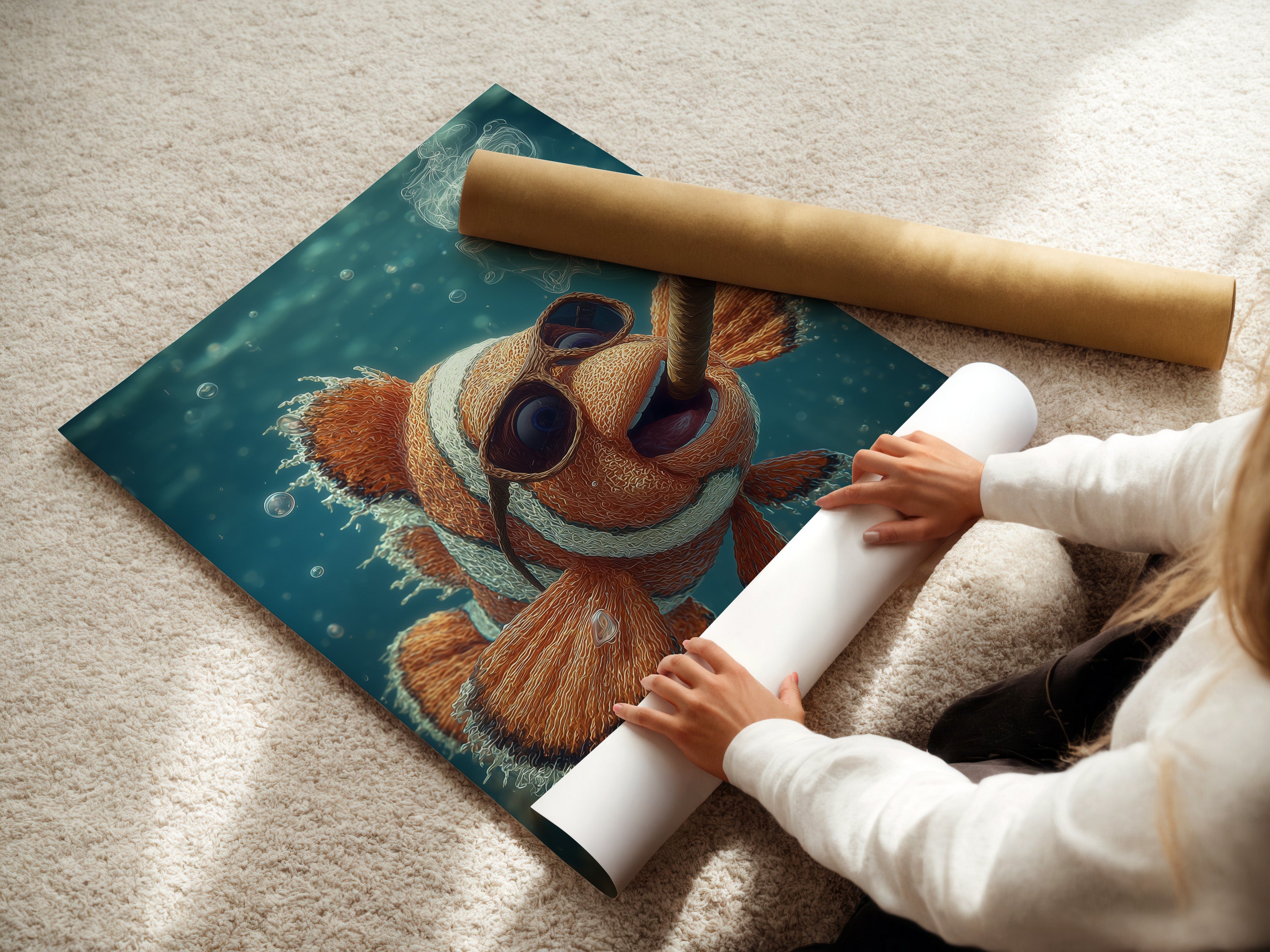 A woman is carefully rolling a fine art poster paper. The poster paper is high-quality and archival-grade. It ensures the artwork looks its best. This paper is perfect for preserving fine art prints. Discover the beauty of fine art posters.