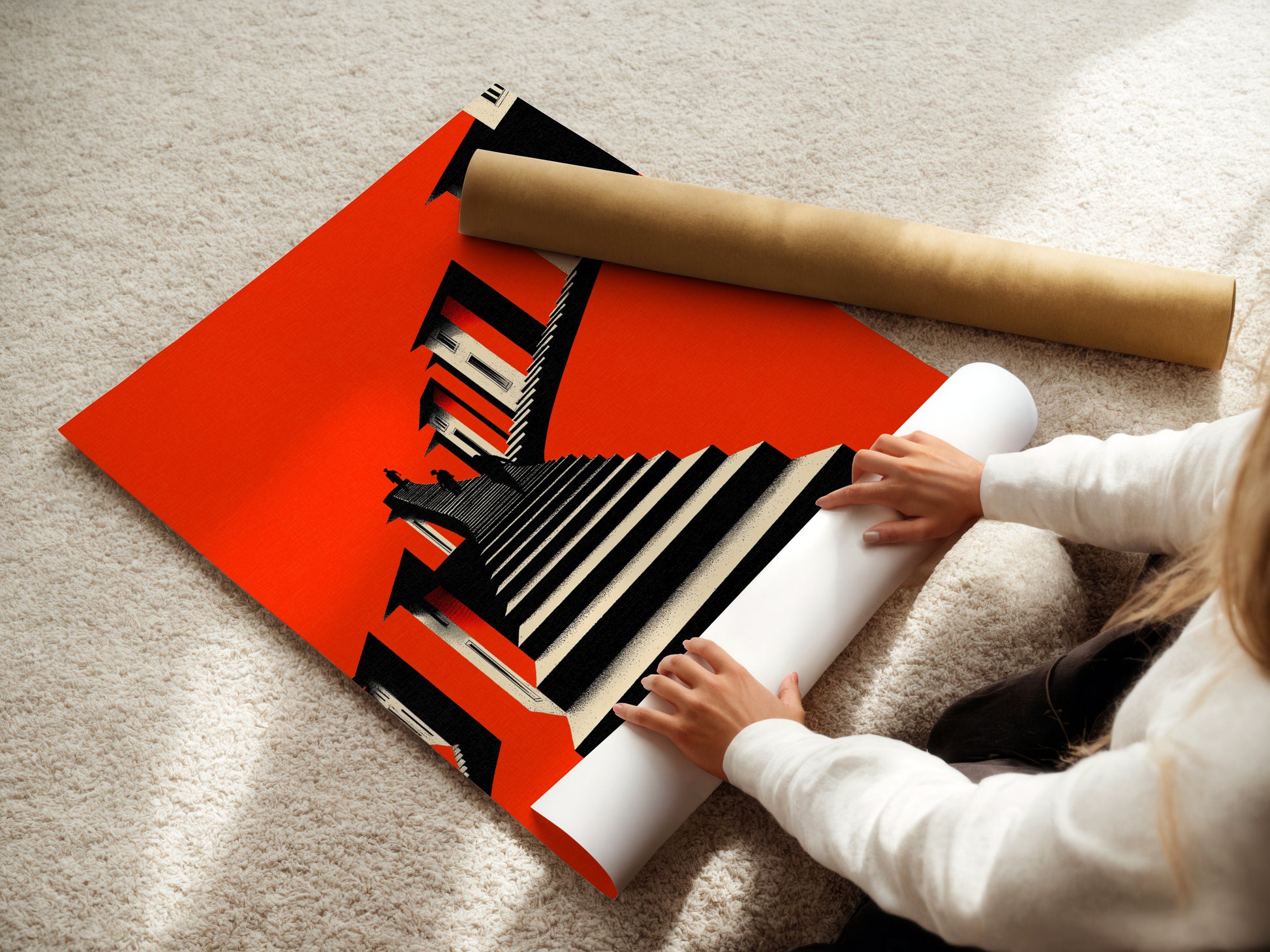A woman rolls fine art poster paper showcasing the Architectural Stairs Print. The orange wall decor is perfect for modern spaces. This geometric building canvas is ideal for creating stunning wall art. Get your own architecture print today. Perfect for homeowners and interior designers.