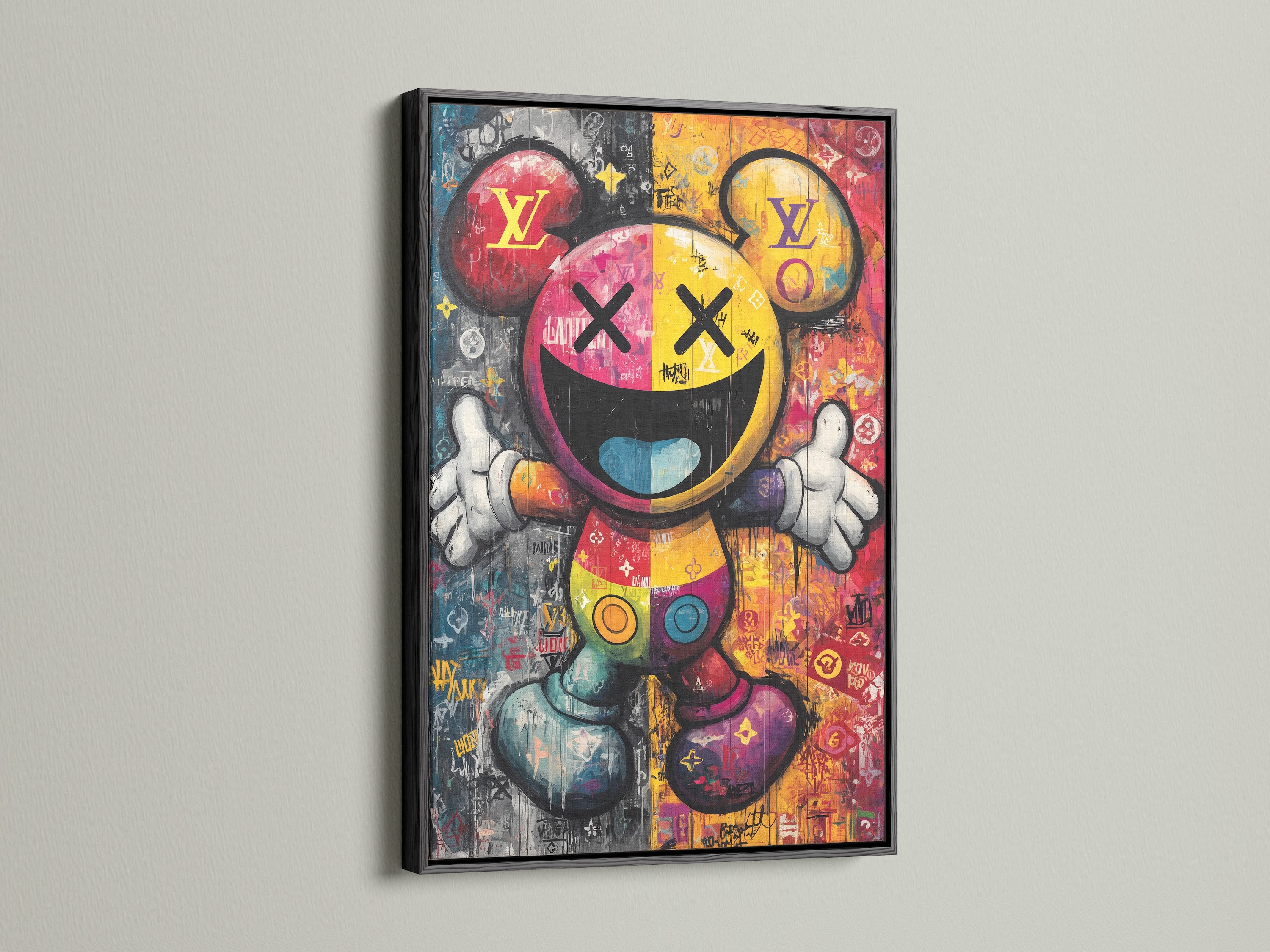 A striking black frame surrounds this pop art Mickey canvas print. The artwork features bold colors and graffiti-inspired details. The black frame adds a modern edge. Elevate your home with this contemporary street art piece it’s perfect for any room.