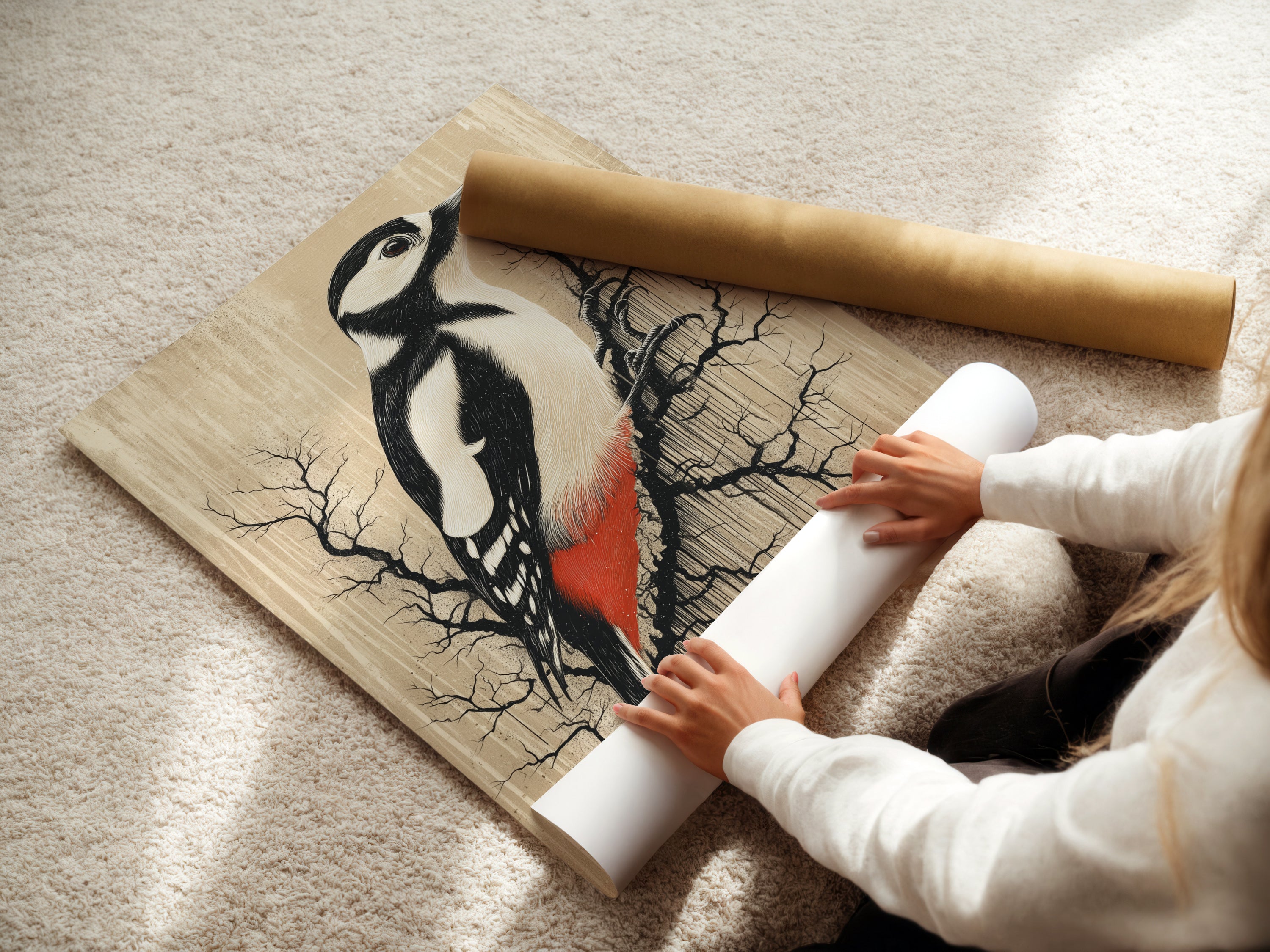 A woman carefully rolling a fine art poster paper of a woodpecker artwork. Vintage bird wall art ready to be displayed. Neutral tones for a study room. Ornithology print for birdwatcher gift. Perfect for enthusiasts seeking elevated rustic wall art that fits minimalist Scandinavian farmhouse or eclectic styles