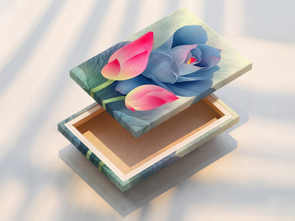 Close-up of a stretched canvas print featuring a pink and blue lotus flower artwork. Stretched canvas prints offer a ready-to-hang frameless presentation. Ideal for adding a modern botanical touch to any room. Discover the beauty of floral canvas artwork.
