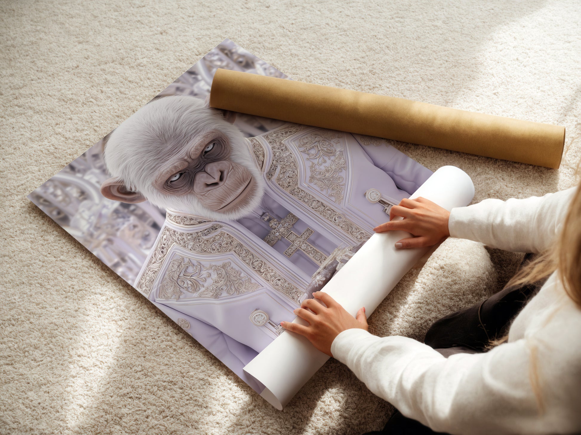 A woman is carefully rolling a fine art poster paper. The paper is of archival quality ensuring longevity and vibrancy. This represents the care taken in producing high-quality artwork. The fine art poster paper allows for detailed and stunning reproductions. This ensures the Monkey Pope art print maintains its beauty.